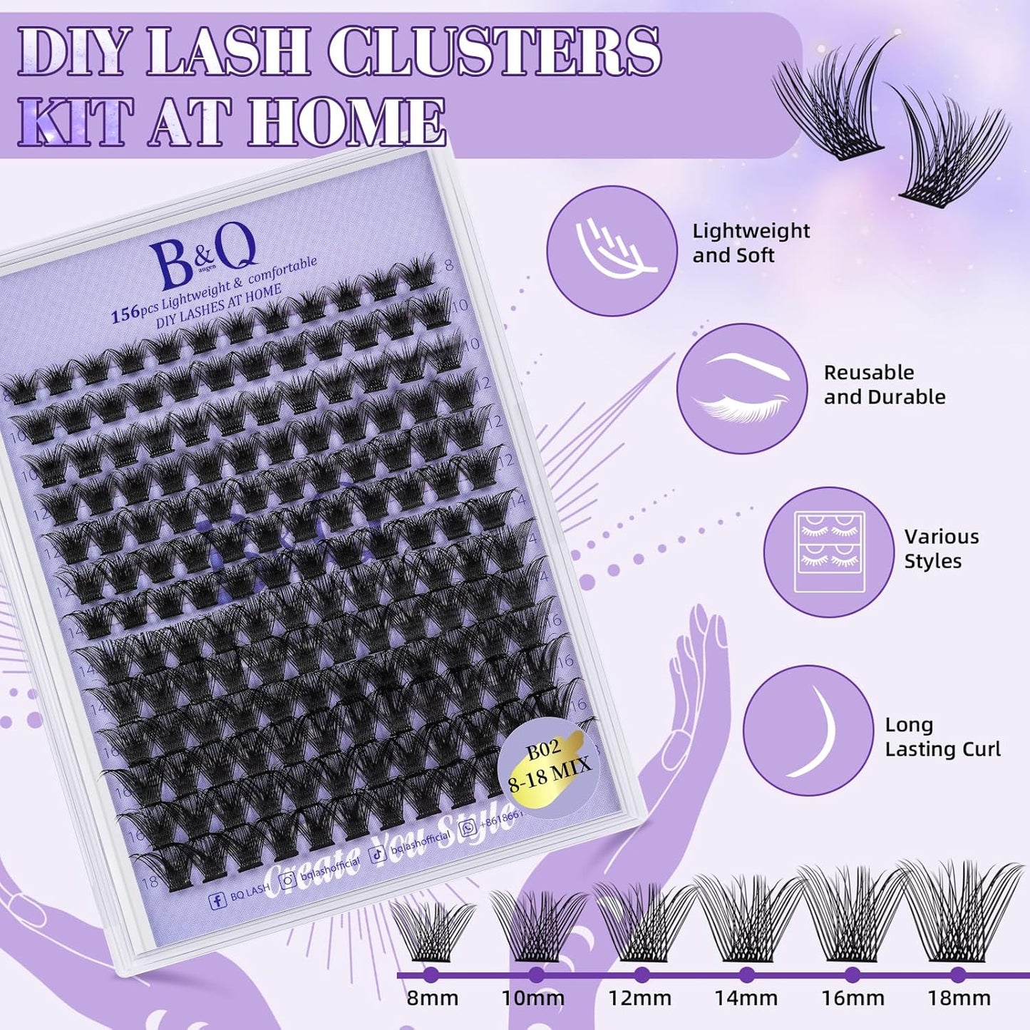Lash Extension Kit B02 Eyelash Extension Kit B&Qaugen DIY Lash Extension Kit 156 PCS Lash Clusters 8-18mm Cluster Eyelash Extensions Kit with Lash Bond and Seal Lash Applicator Tool (Kit,B02)