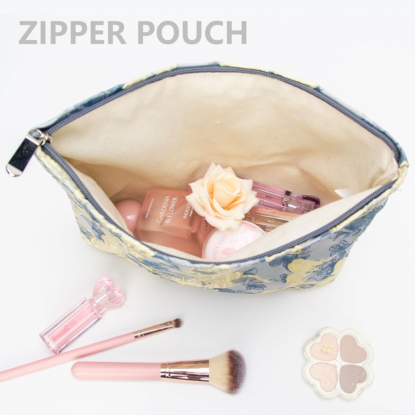 PAZIMIIK Makeup Bag Large Cotton Zipper Pouch for Purse Travel Canvas Make Up Organizer for Women Cosmetic,Brocade Blue