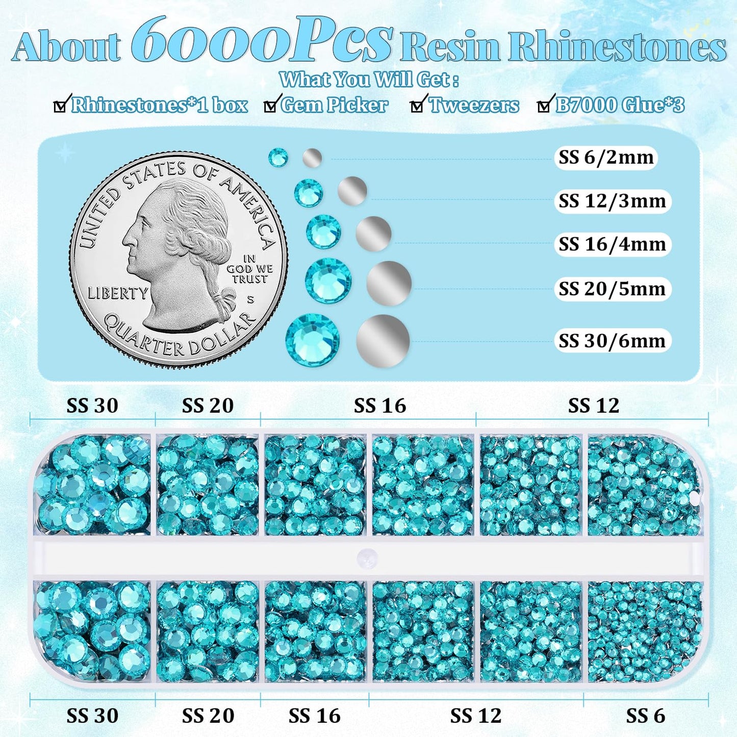 6000Pcs Resin Rhinestones for Bedazzling with 3Pcs B7000 Jewelry Glue, 1 Box Teal Blue Flatback Rhinestones for Crafting Crafts DIY, Crystals Gems for Clothing Shoes Tumblers Nail Art Makeup