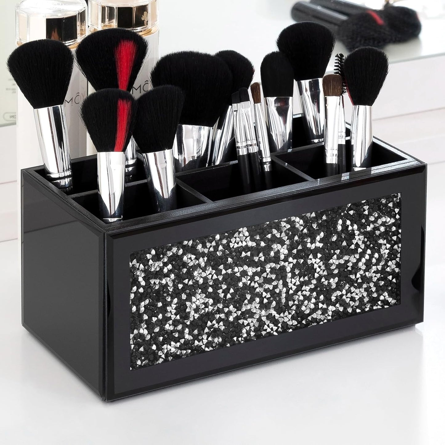SHYFOY Black Makeup Brush Holder Organizer, 6 Slots Glass Makeup Cosmetics Organizers and Storage for Vanity Countertop