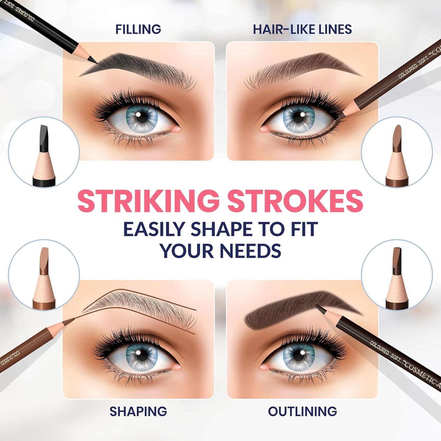 Stylia Waterproof Eyebrow Pencils For Women – Long-Lasting Microblading Supplies Brow Pencil, Perfect for Eyebrow Shaper, Filling & Defining Natural-Looking Brow - (12PC in 5 Colors)