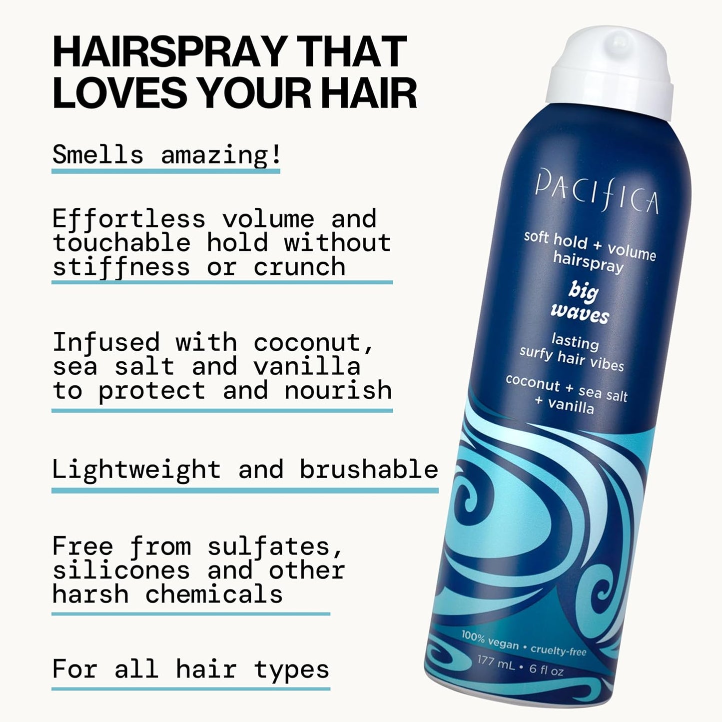 Pacifica Beauty Big Waves Coconut, Vanilla & Sea Salt Hairspray, Controls Frizz & Adds Volume, Designed for Wavy Hair, Vegan & Cruelty-Free, 6 Fl Oz
