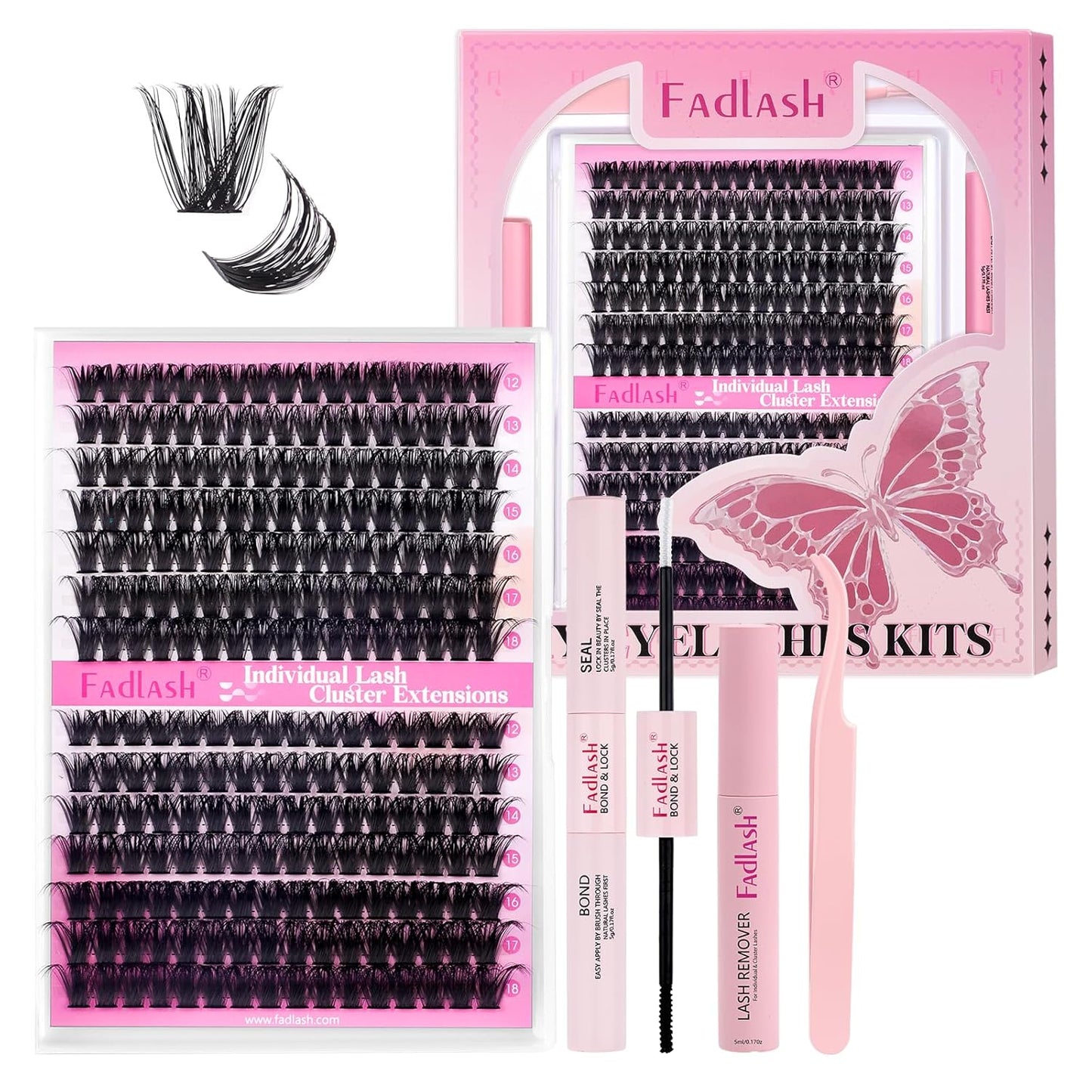FADLASH Lash Extension DIY Kit Lash Clusters D Curl Cluster Lashes with Lash Bond and Seal Cluster Lashes Glue Remover Lash Tweezers for DIY Eyelash Extension at Home（Kit 80D+100D-0.07D-12-18MIX）