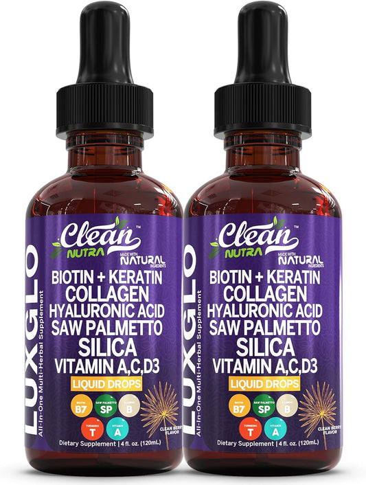 Biotin Liquid Drops Collagen Keratin Hyaluronic Acid Saw Palmetto for Hair Skin and Nails Silica Vitamin A C Vitamin D Bamboo Turmeric Zinc Folate Magnesium Horsetail LuxGlo by Clean Nutra - 2Pack