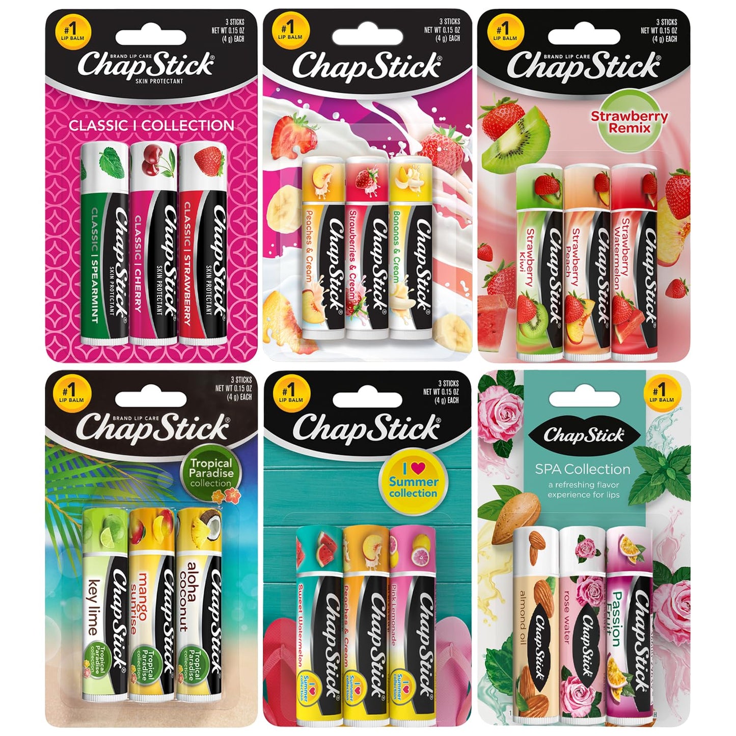 ChapStick Lip Balm, Sweet & Fruity Flavors + SPA & Classic Collections, 18-Pack – Includes Strawberry Remix, I Love Summer & Tropical Paradise & More, Birthday Gifts, Party Favors, 0.15 Oz