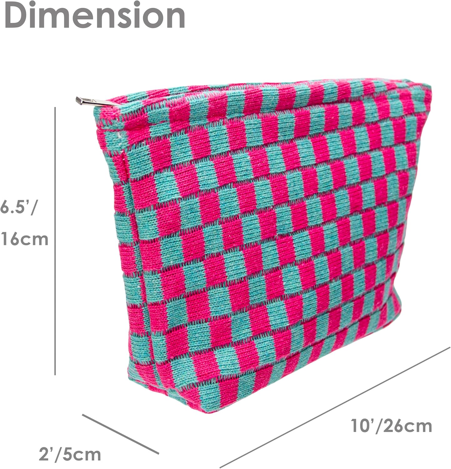 PAZIMIIK Knitted Checkered Makeup Bag Large Zipper Make Up Accessory Pouch for Purse Cosmetic Brush Bag for Travel Essential Magenta Green