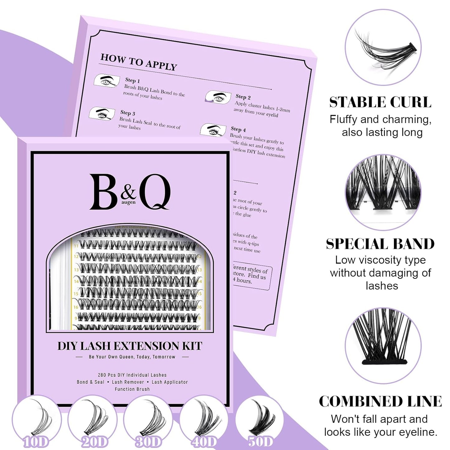 B&Q Lash Clusters Kit 280PCS Eyelash Clusters Kit,30D 40D D 9-16MIX Individual Lash Comfortable Eyelash Extension Set, Classic Look with Bond and Seal Waterproof, Remover DIY at Home(Set,30D+40D)
