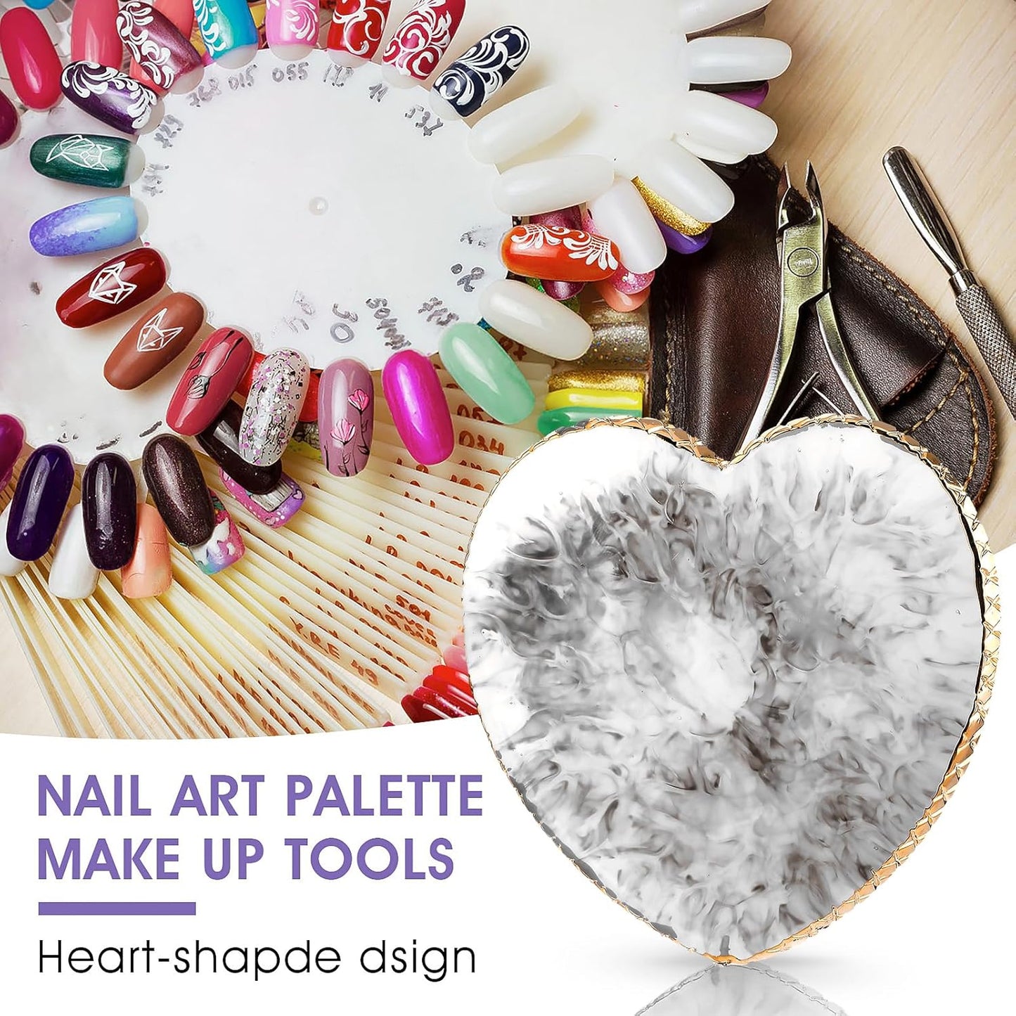 Sibba Resin Nail Art Palette Nail Mixing Palette Polish Color Mixing Plate Golden Edge Nail Holder Display Board Heart Shape Cosmetic Mixing Tools