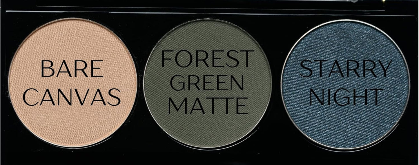 Off White, Matte Medium Green, and Glitter Navy Blue Green Vegan Eyeshadow Trio Palette; Talc, Paraben & Cruelty Free