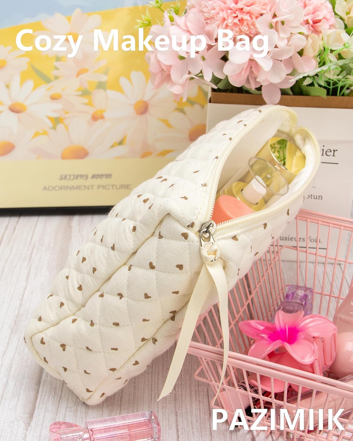 PAZIMIIK Quilted Makeup Bag Large Travel Zipper Soft Cosmetic Pouch for Women Girls Make Up,Gauze Heart Coffee