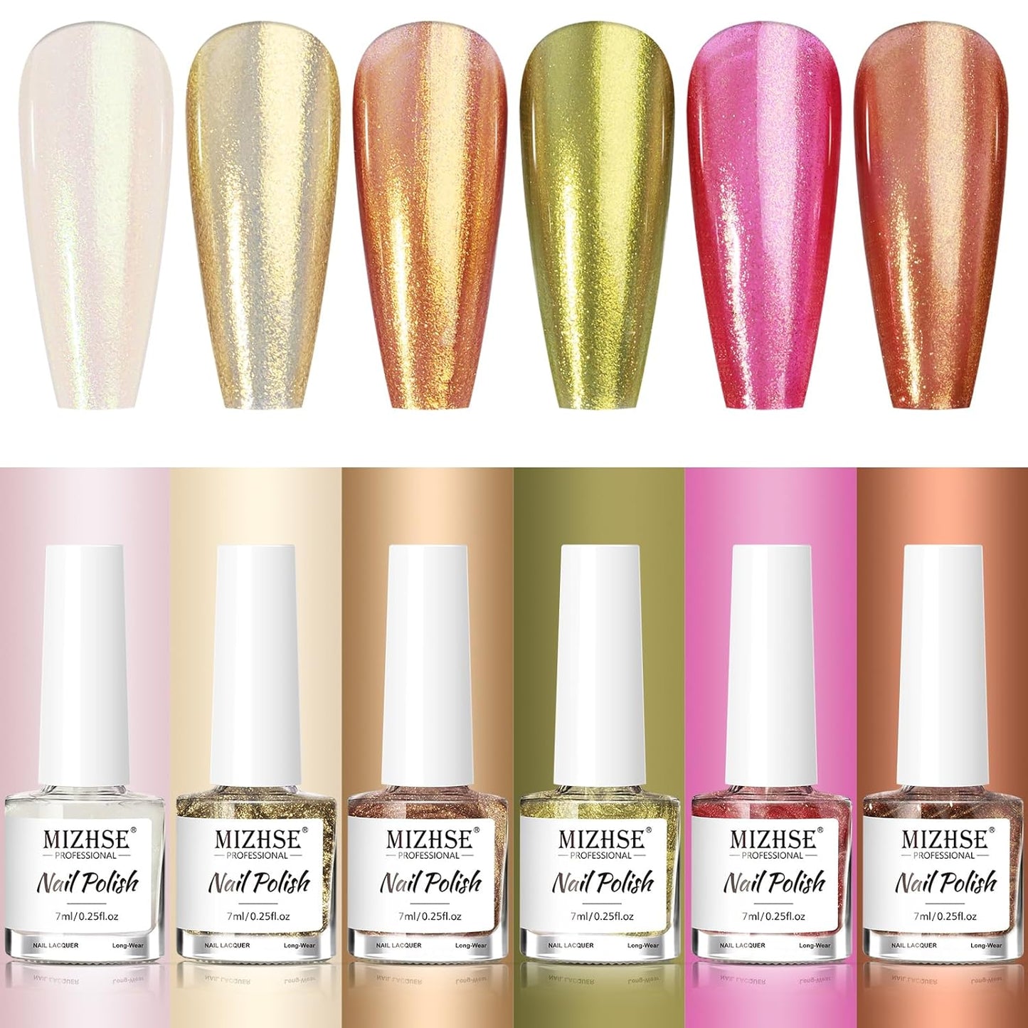 MIZHSE Quick Dry Nail Polish Set: Mermaid Pearl Nail Polish 6 Colors, Aurora Effect Nail Lacquer Non Gel Air Dry Fast, White Green Brown Pink Colors Nail Art Manicure Home Gift
