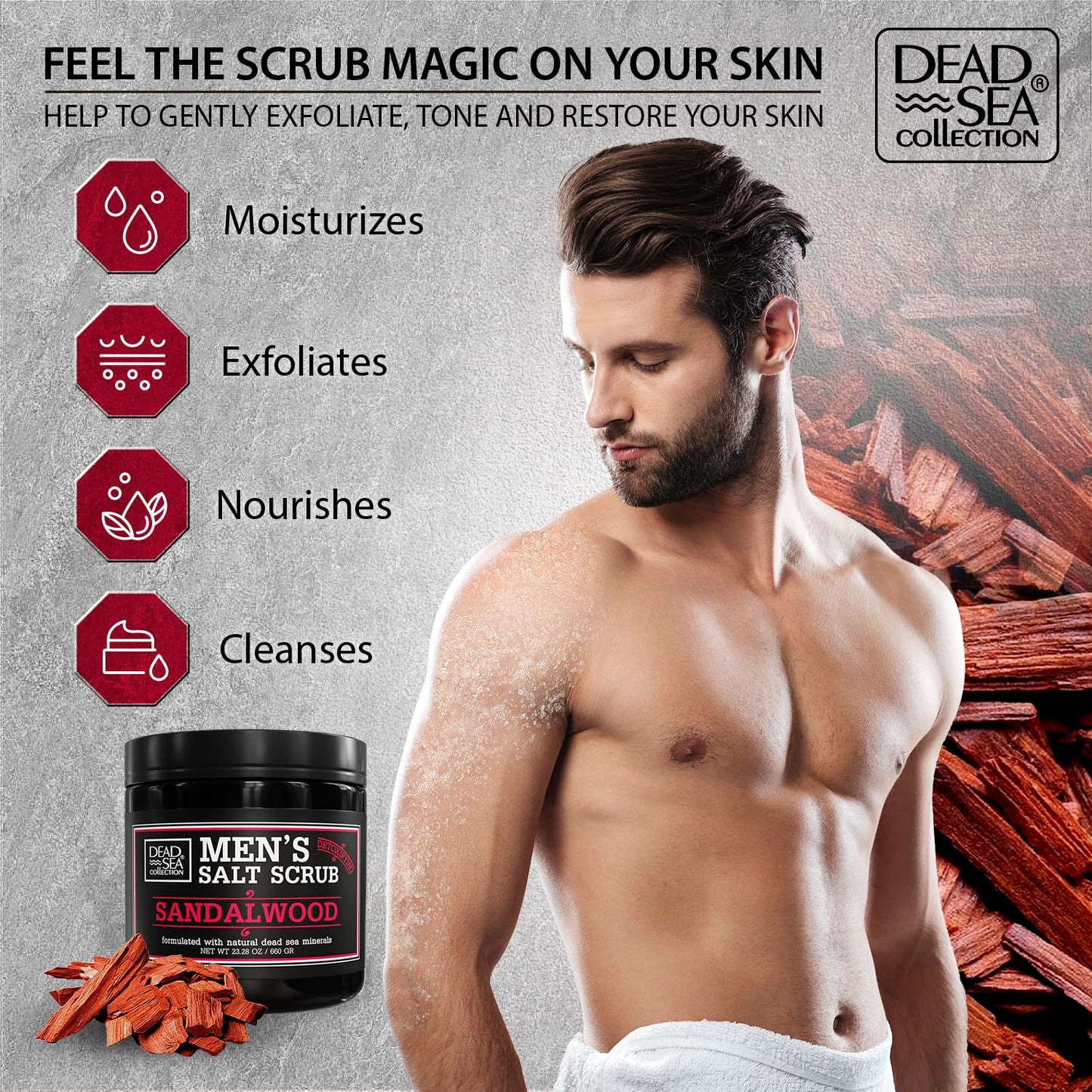 Salt Body Scrub Sandalwood For Men – Moisturizes, Exfoliates & Nourishes Skin – Cleanses & Detoxifies with Dead Sea Minerals - Dead Sea Collection – 23.28 OZ