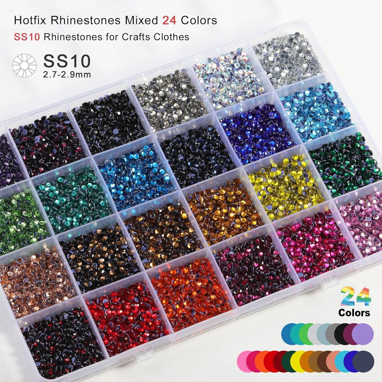 Hotfix Rhinestones Mixed 24 Colors, SS10 Rhinestones for Crafts Clothes, Hotfix Crystals with 1 Tweezers, 1 Wax Pencil and 1 Spoon