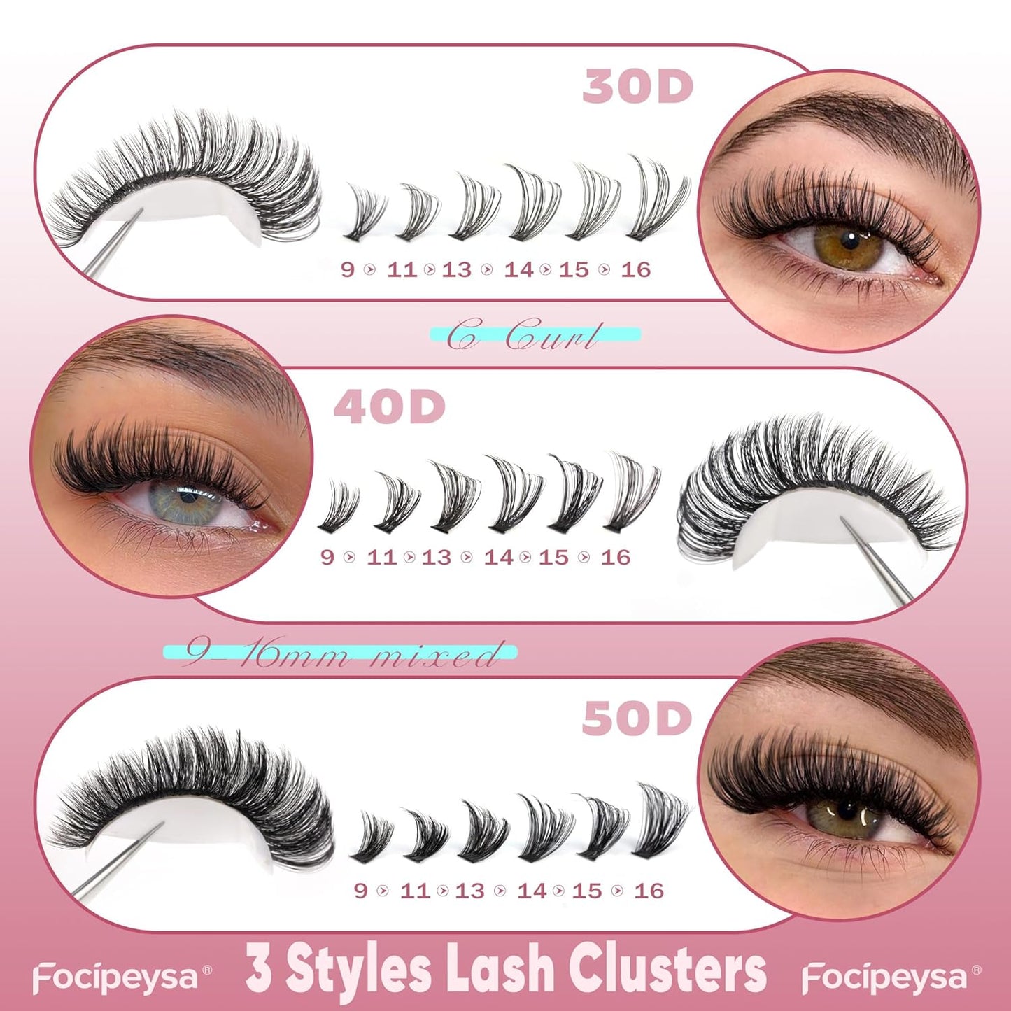 Focipeysa Wispy Lash Clusters 360pcs Eyelash Extension 30D 40D 50D Individual Lashes 9-16mm Mixed Eyelash Clusters Natural Lash Extensions with Lash Bond and Seal and Tweezers DIY Cluster Eyelashes