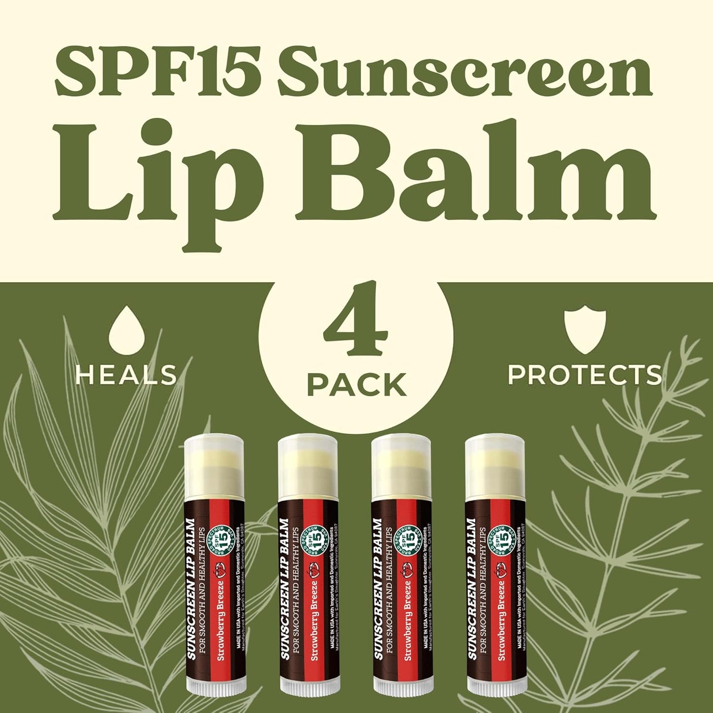 Earth's Daughter SPF Lip Balm 4-Pack Strawberry Flavor - Lip Sunscreen, SPF 15, Organic Ingredients, Beeswax, Coconut Oil, Vitamin E - Hypoallergenic, Paraben Free, Gluten Free