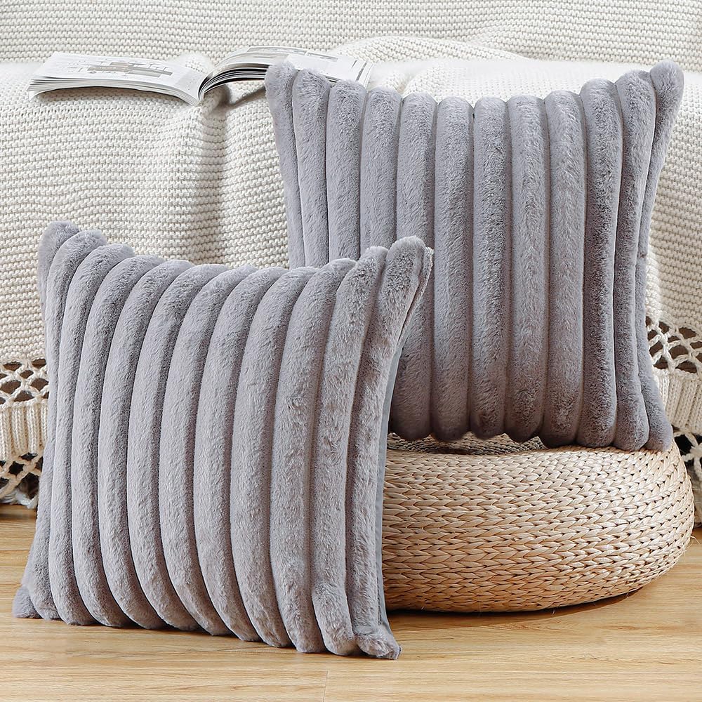 MADIZZ Set of 2 Faux Wool Plush Decorative Throw Pillow Covers 20x20 Inch Grey Fluffy Striped Soft Decorative Cushion Cover for Sofa Bedroom Pillow Shell