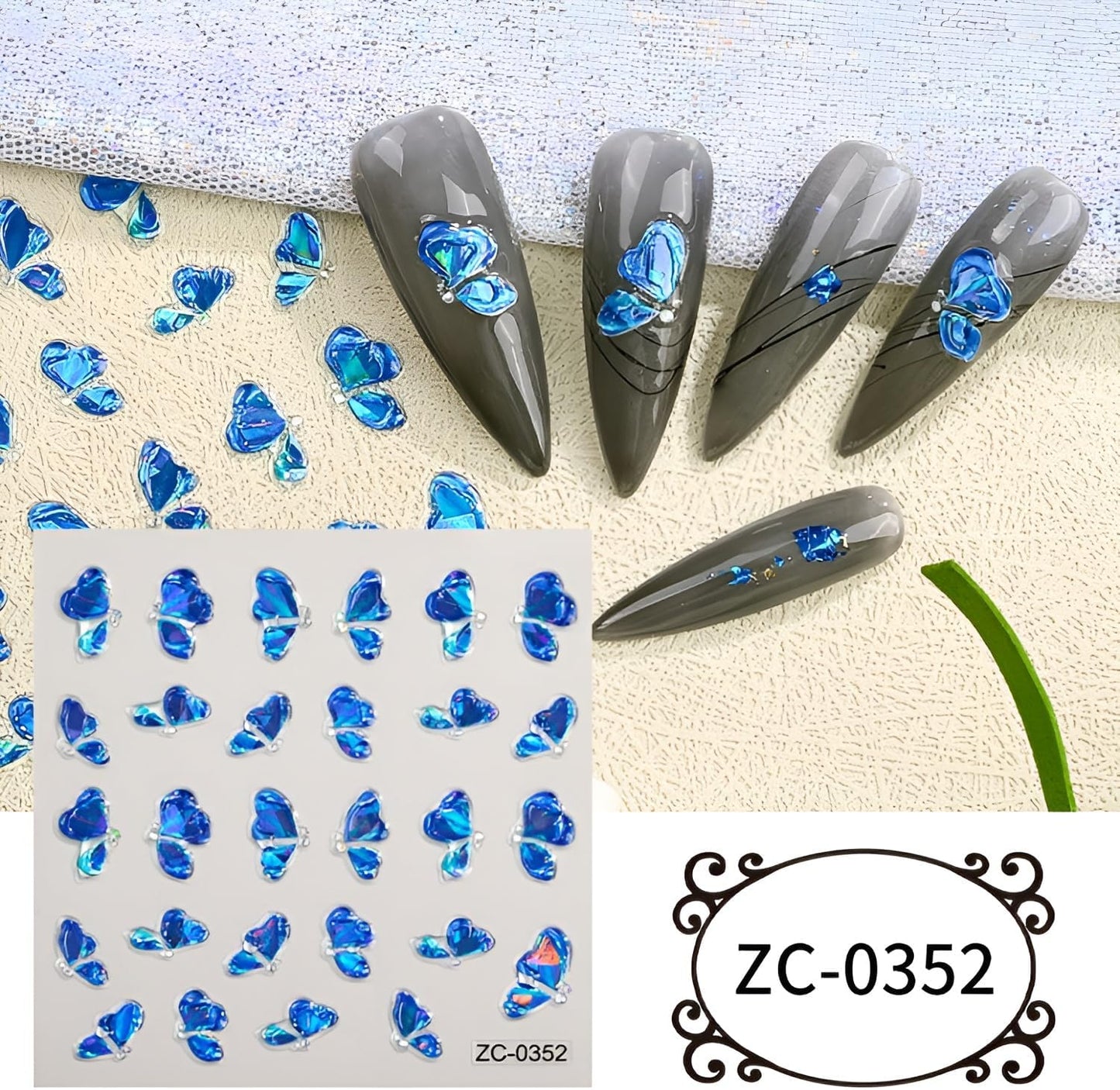 8Sheets 5D Embossed Valentine's Day Heart Nail Art Stickers - Blue Pink Aurora Gold Decals for Women Girls - Cute Nail Supplies