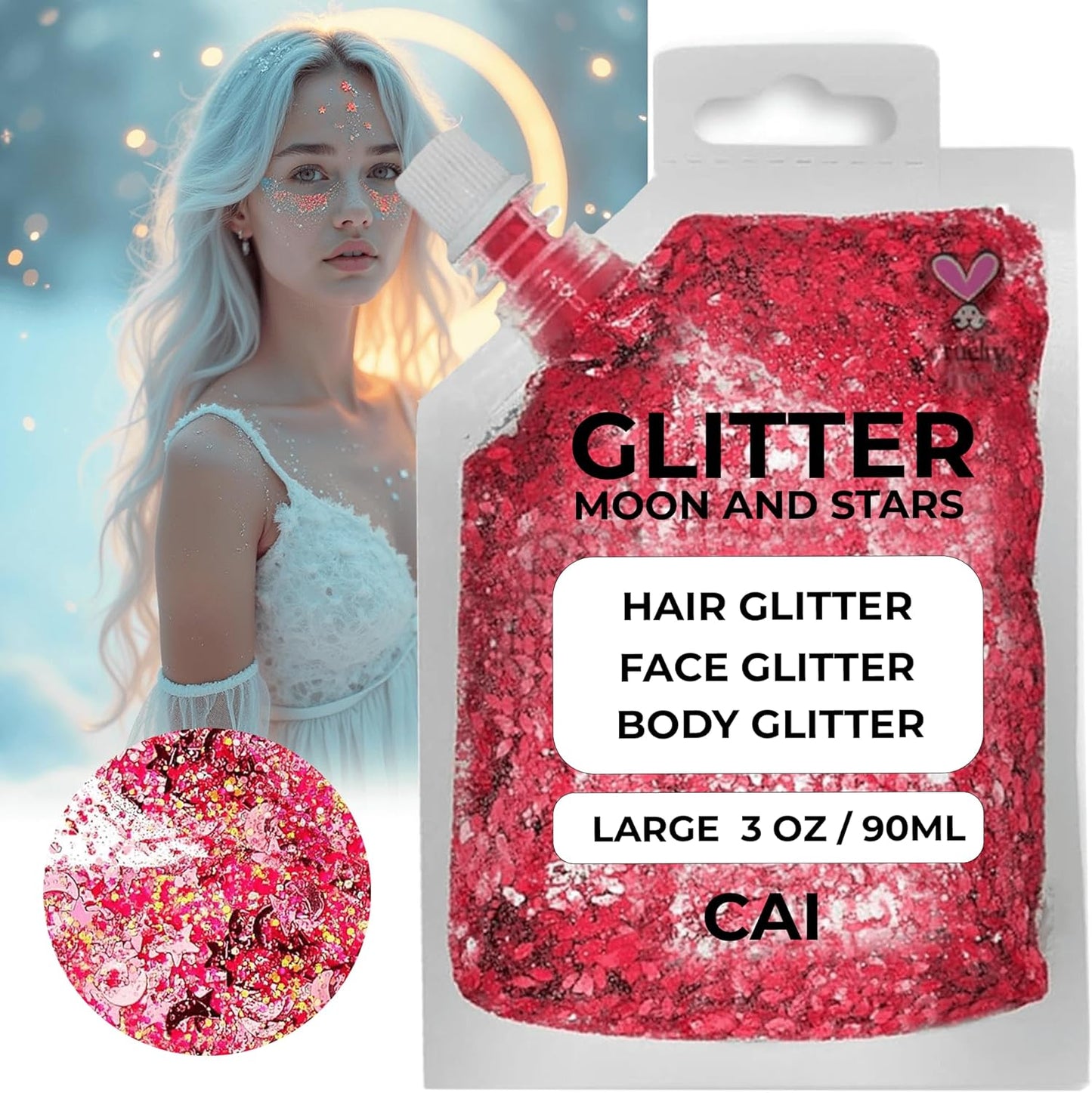 Face, Body & Hair Glitter Gel – Halloween Glitter for Kids and Women – 3 Oz Cosmetic-Grade Gel w/Moon & Stars for Festivals & Halloween Party, Easy Apply & Wash Off - Red 2Pack