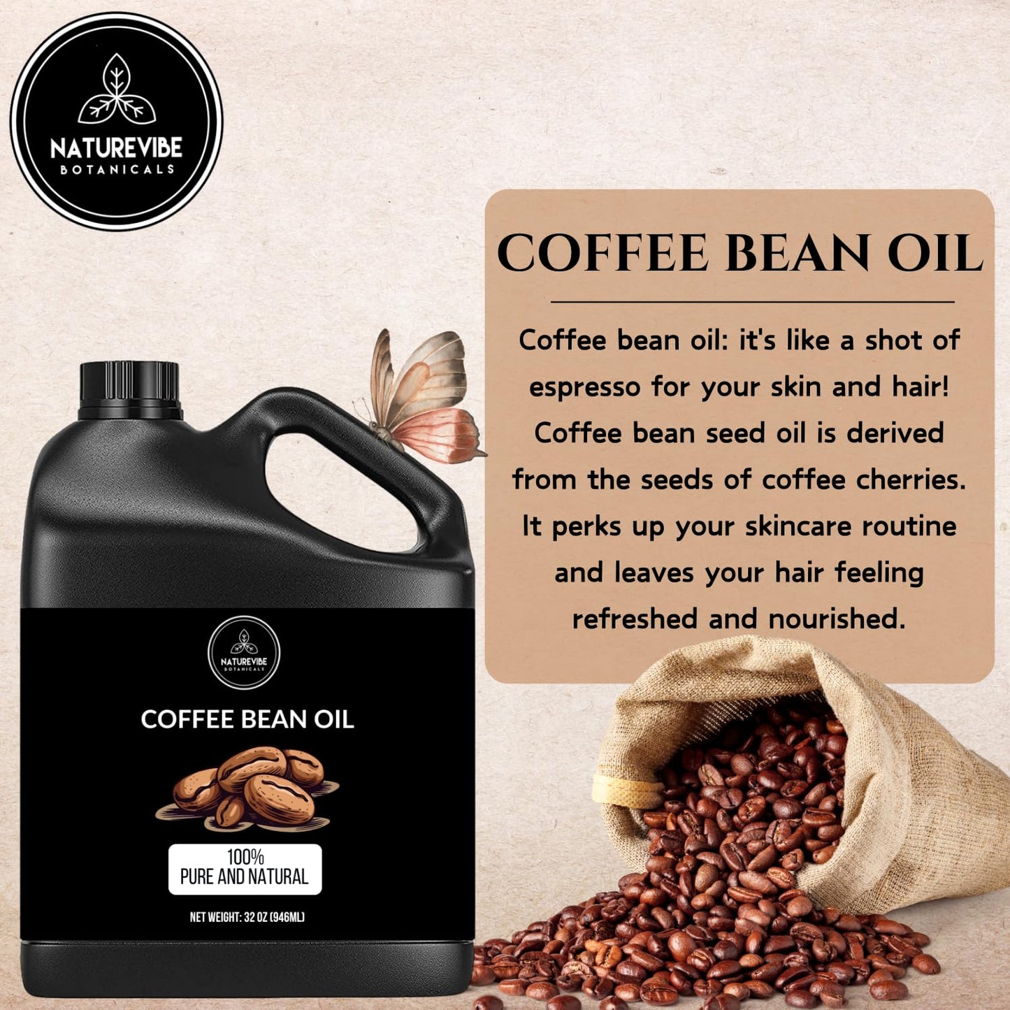 Naturevibe Botanicals Coffee Bean Oil 32 Ounces | 100% Pure and Natural | Great for Skin Care and Hair Care
