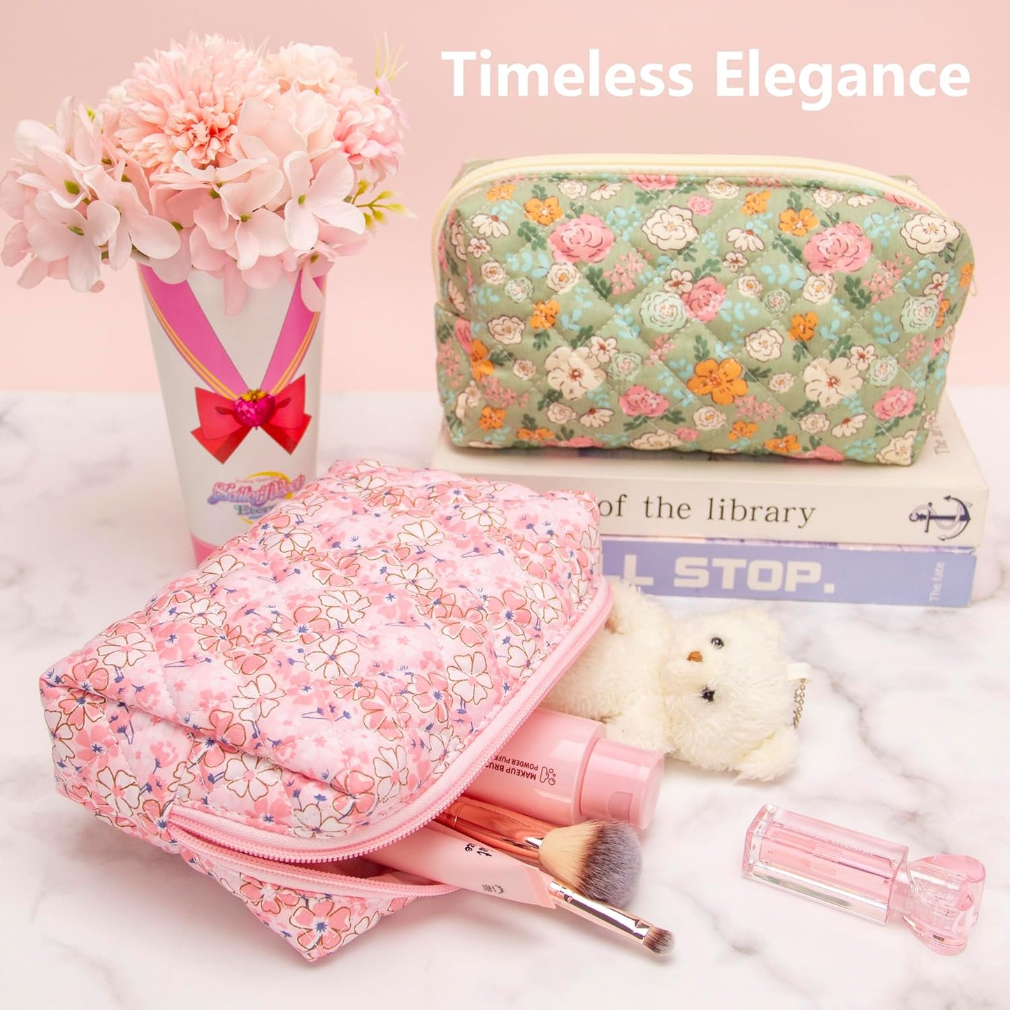 PAZIMIIK Vintage Quilted Makeup Bag Cosmetic Pouch for Brushes Pencils and Travel Make Up Accessories for Women and Girls Floral Pink
