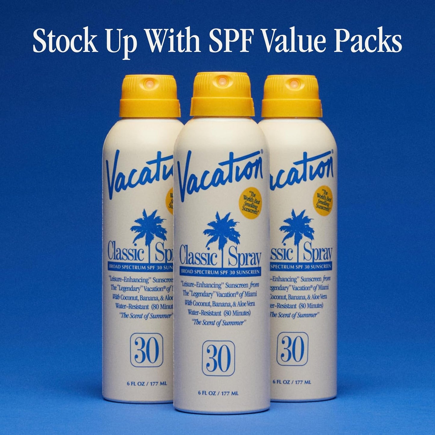 Vacation Classic Sunscreen Spray SPF 30, Water-Resistant, Lightweight, Transparent on All Skin Tones, Dermatologist-Tested, Vegan, 6 Fl. Oz. (Value Pack of 3)