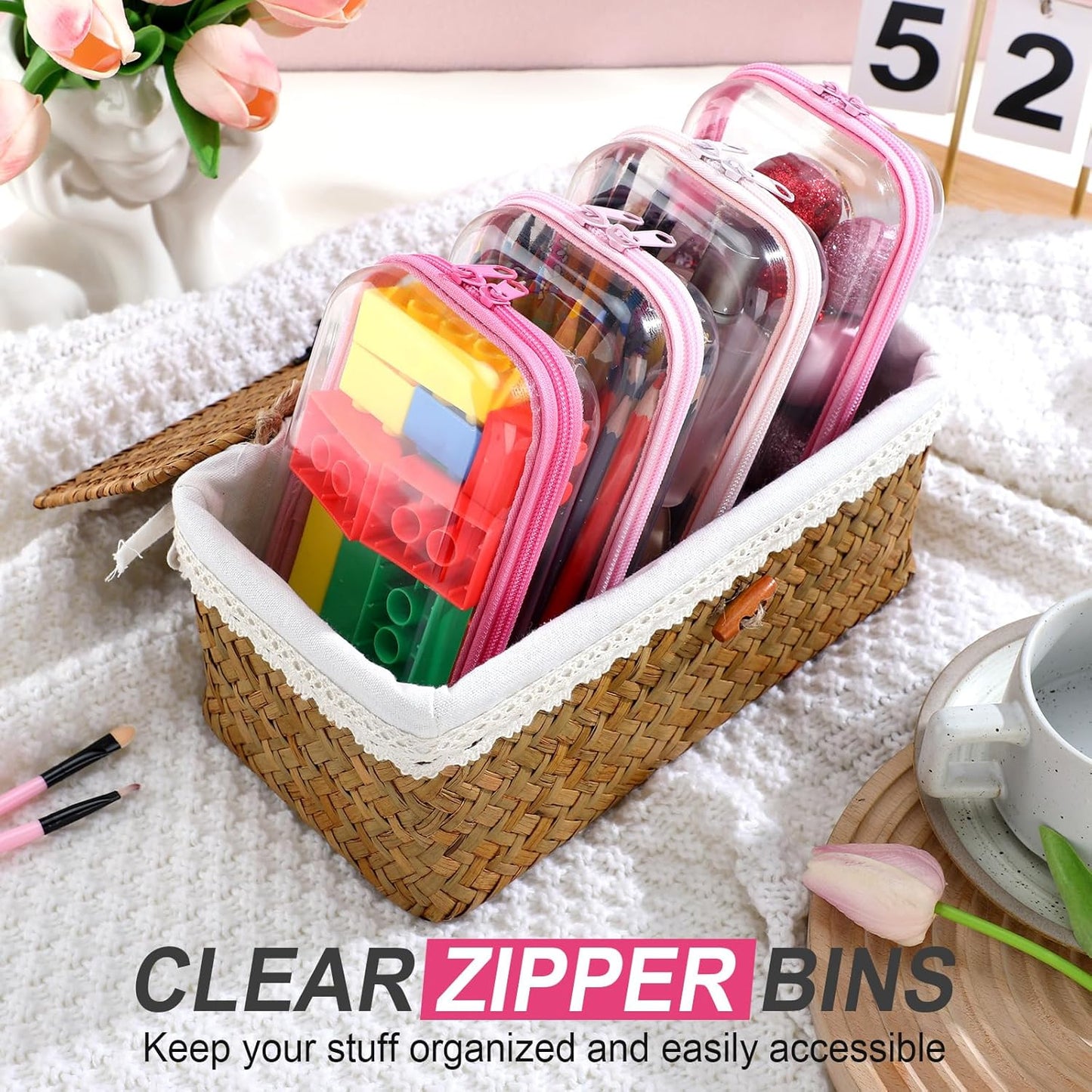 Hoolerry 4 Pcs Hard Clear Zipper Case Makeup Bags Plastic Pencil Pouch Transparent Storage Box Containers for Cosmetics, Snacks, Building Blocks, Puzzles(Pink,7.5 x 3.9 x 2 in)