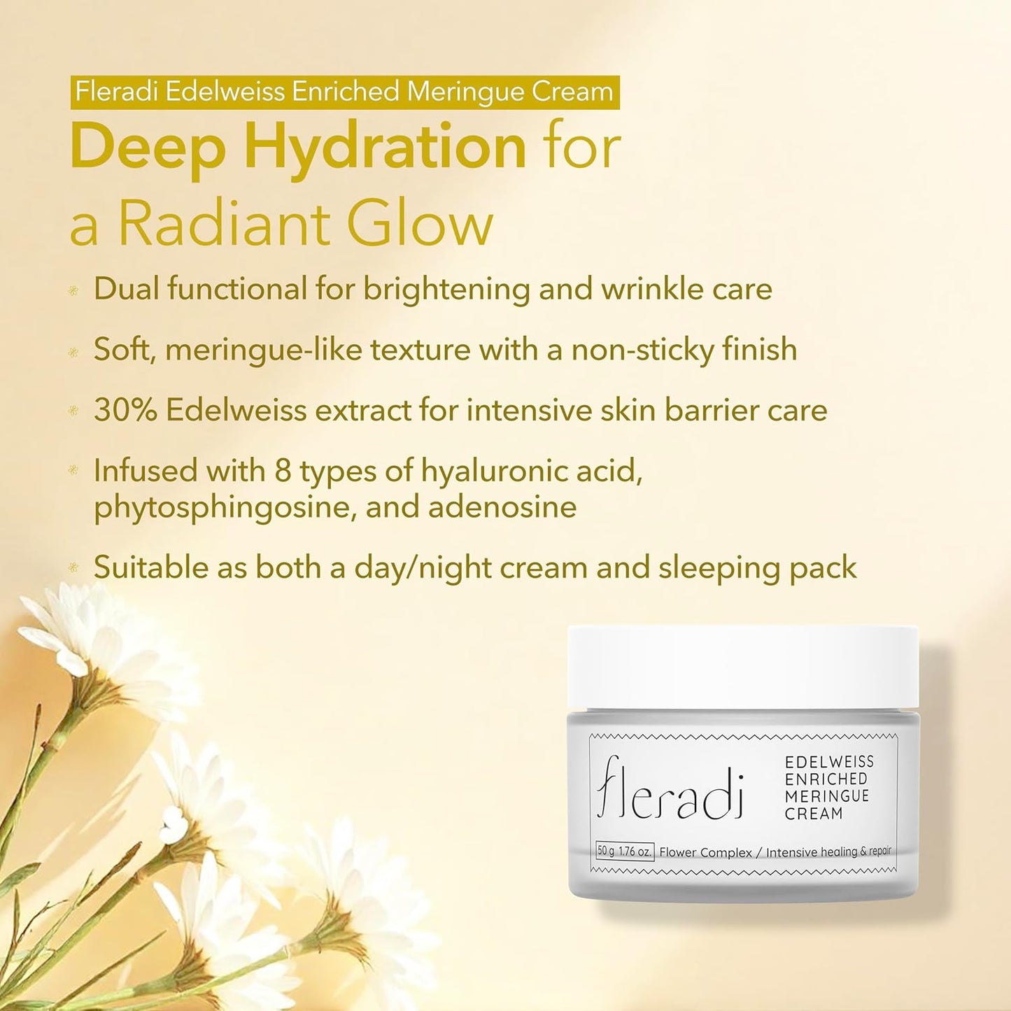 Edelweiss Face Cream for Women and Men – Korean Night Moisturizer with 30% Edelweiss Extract (Natural Power), Deep Hydration for Dry Skin (Advanced Barrier Care)