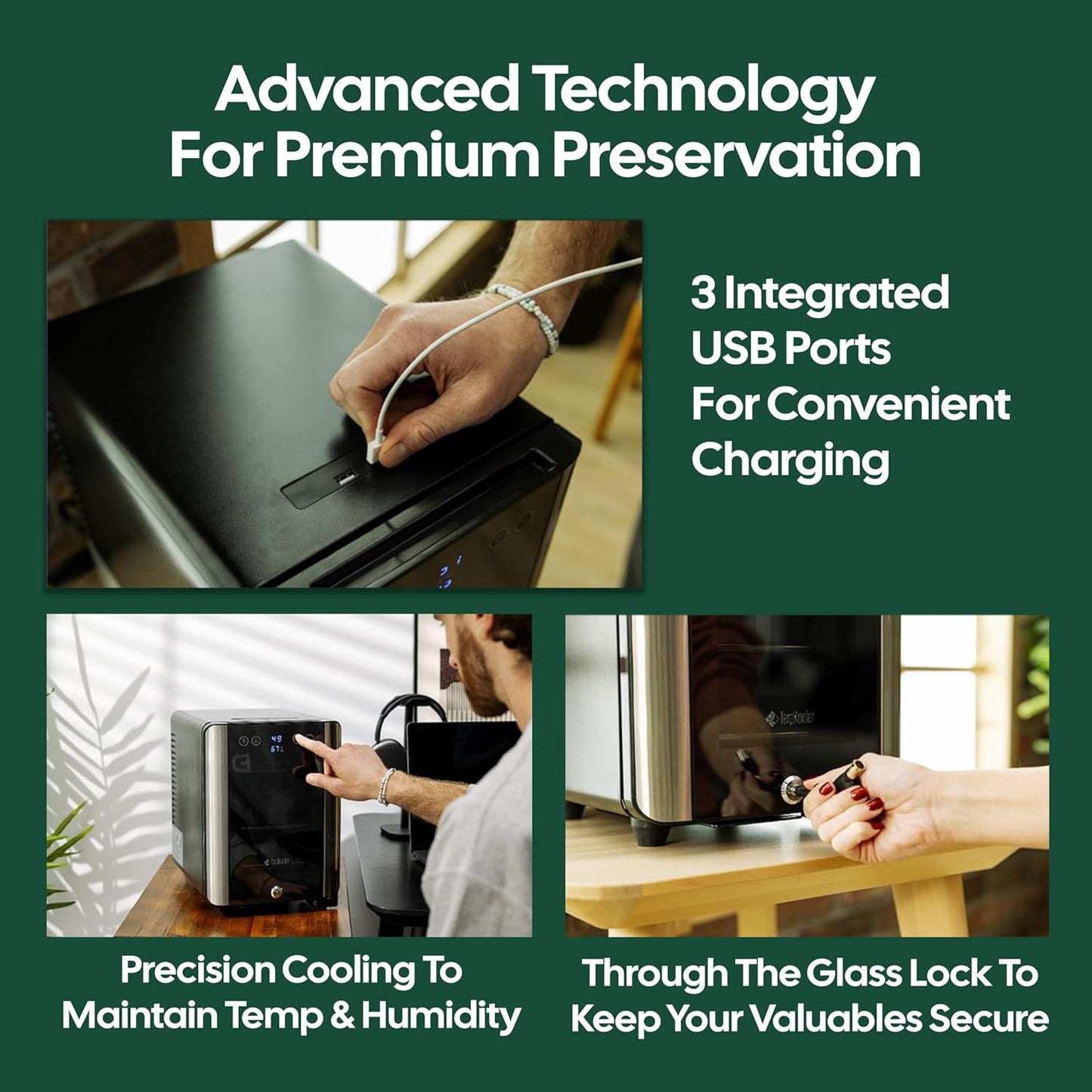 Essential Cooler Compact Portable Mini Fridge with Temp & Humidity Control, 3 USB Ports, Smoked Glass Shelves, Lockable UV Glass Door for Herbs, Oils, Cosmetics, and More