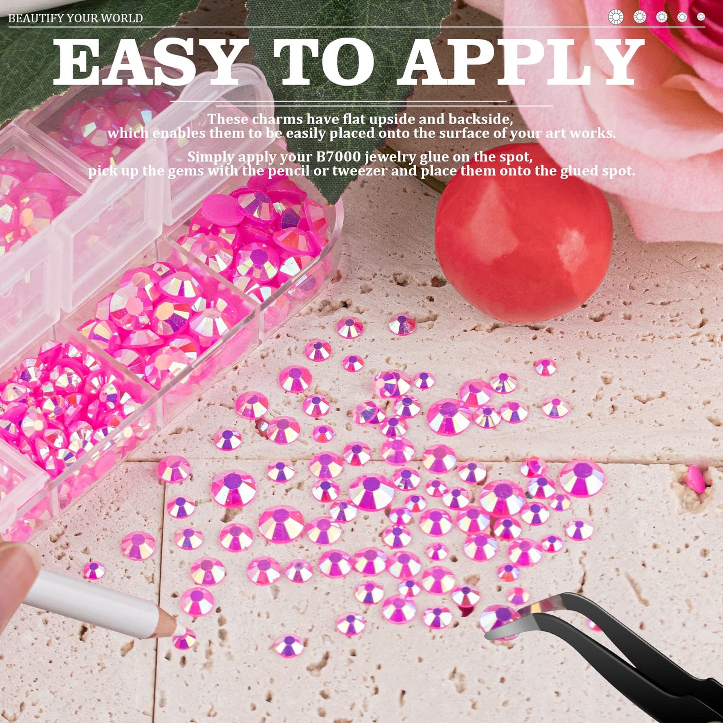 7000PCS Resin Rhinestones with Tweezers for Crafting, 2/3/4/5/6mm Flatback Jelly Rhinestones, 4 Box Hot Pink AB Non Hotfix Crystal Gems for DIY Crafts Mugs Tumblers Clothes Makeup Nail