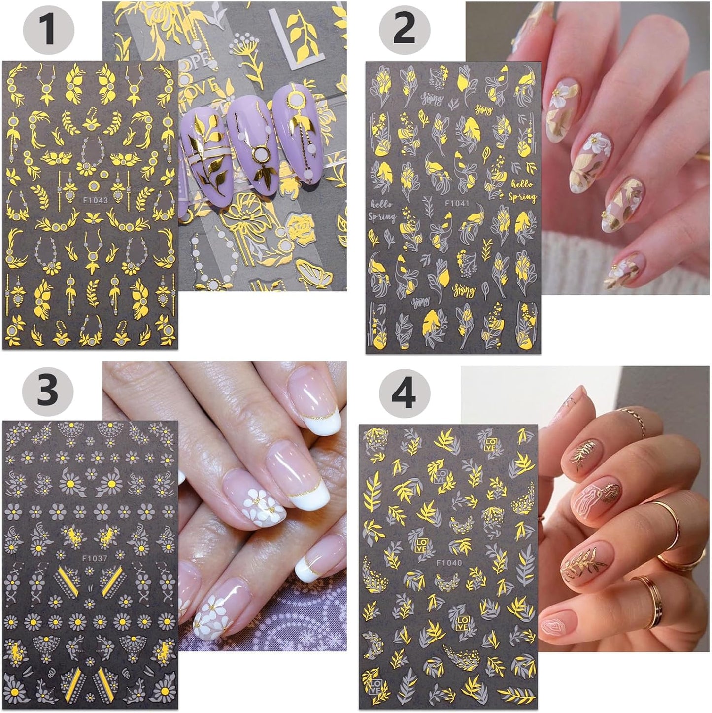 8 Sheets Gold Flower Nail Stickers - 3D Self-Adhesive Leaf Art Decals for Spring Designs - Manicure Decorations for Women, Style8
