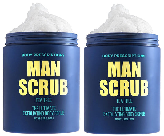 Body Prescriptions Men’s Exfoliating Body Scrub – Ultimate Skin Cleansing Wash in Jar with Twist-Top Lid, For All Skin Types, 21 Ounce (Pack of 2), Tea Tree