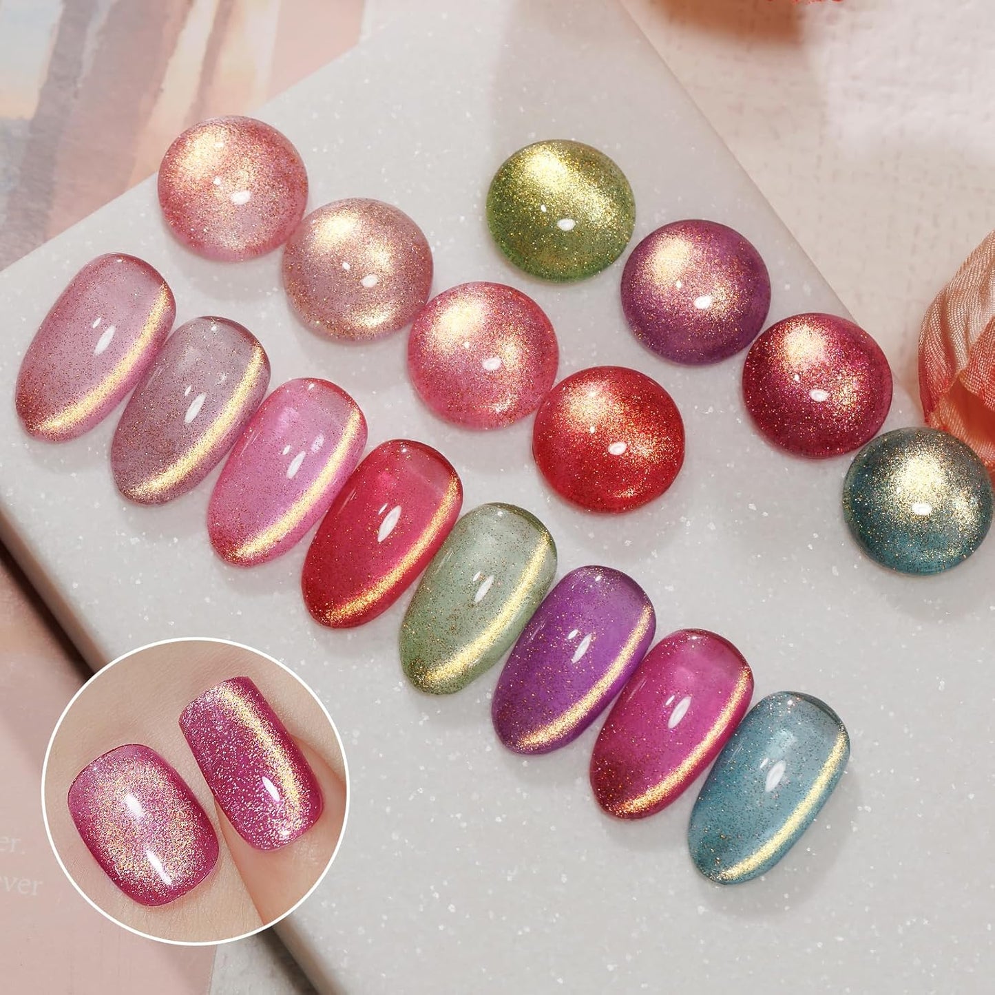 MIZHSE Cat Eye Gel Nail Polish, Magnetic Gel Polish Set with Magnet, Shimmery Cateye Effect Neon Pink Green Purple Colors Soak Off Nail Art Manicure Home Gift for Ladies