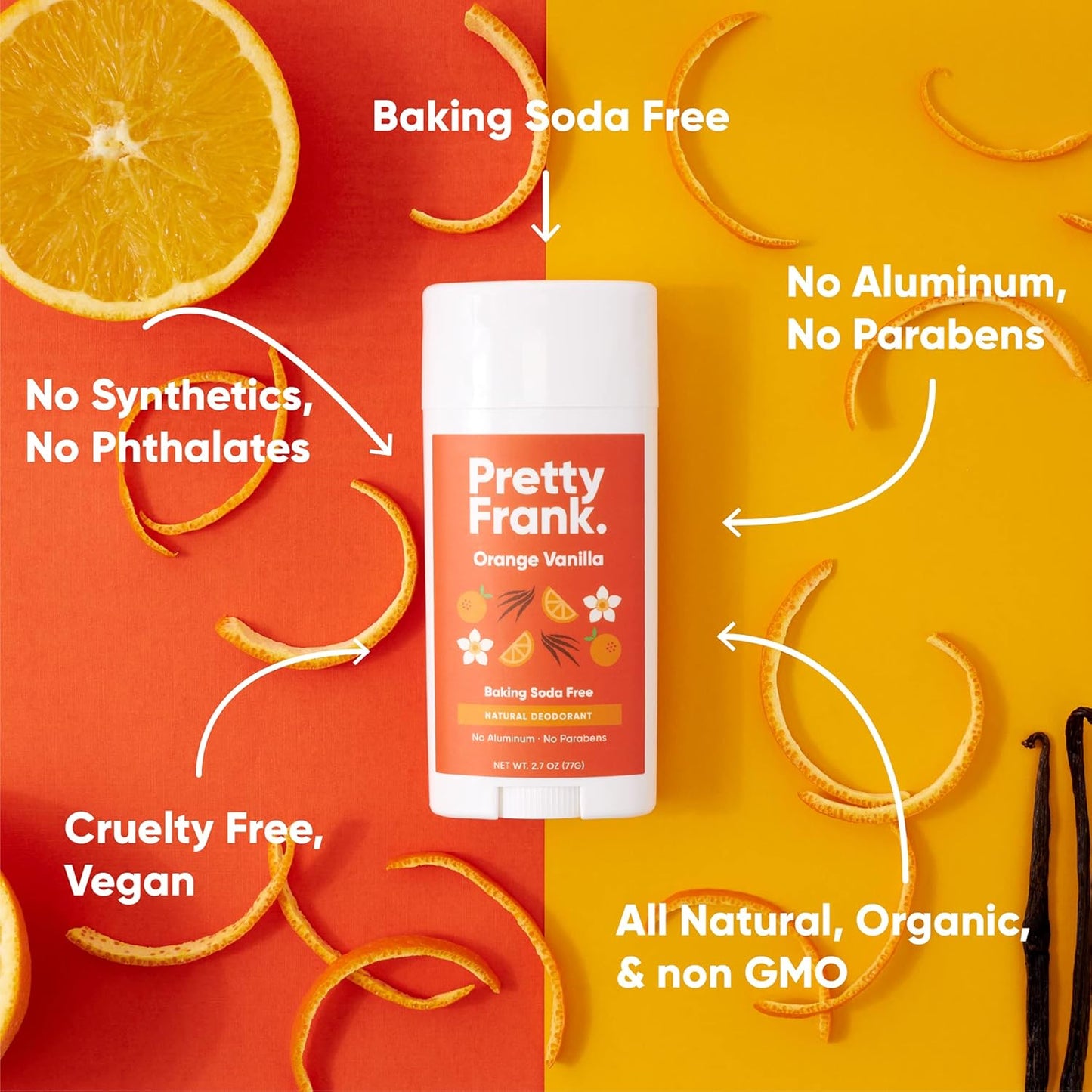 Pretty Frank Natural Aluminum-Free Deodorant Stick, Baking Soda-Free, Orange Vanilla (1-Pack) | Sensitive Skin Friendly, Effective Odor Control for Women & Men, Organic Ingredients and Essential Oils