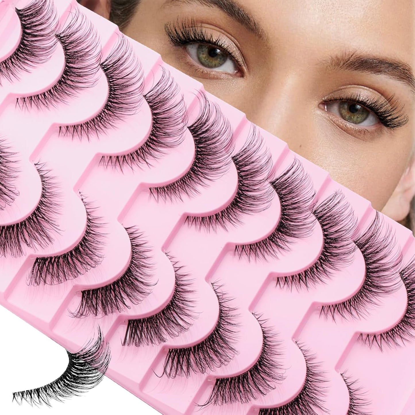 FADLASH False Eyelashes Natural Look Cat Eye Lashes Wear Comfortable Black Fake Lashes with Thin Band, Pack 10 Pairs, BY003