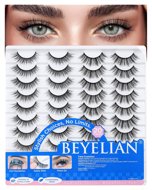 BEYELIAN False Eyelashes 20 Pairs Strip Lashes Natural Look, Soft and Lightweight Wispy Fake Lashes Fluffy 3D Volume Faux Mink Lashes, Reusable, Easy to Apply (20P-HSCS-MIX-1)