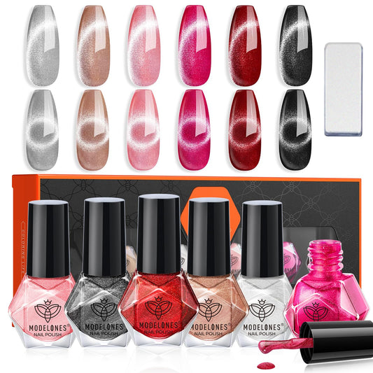 modelones Cat Eye Nail Polish Set, 6 Colors Magnet Dark Red Black Pink Shimmer Glitter Quick Dry Nail Polish Set Bulk Manicure Diy Nail Art Salon Home Gift for Women Girl