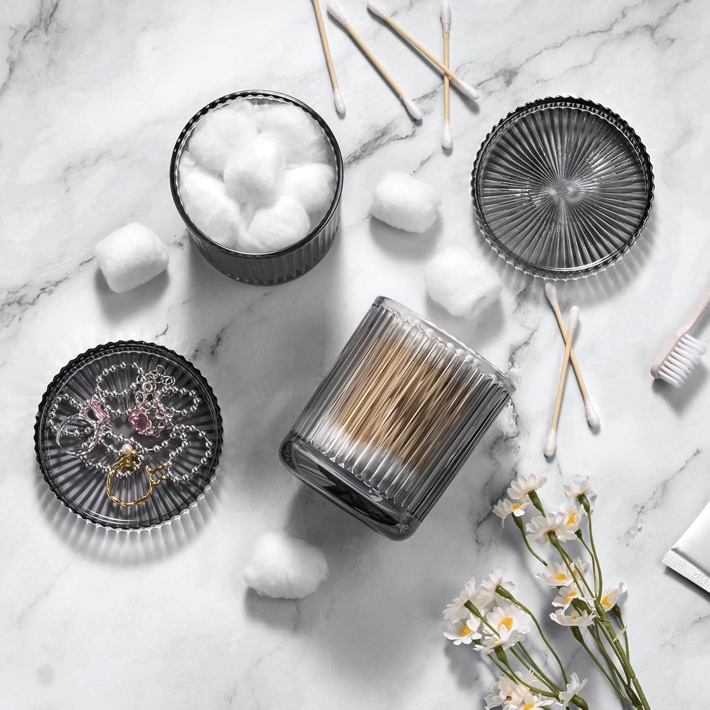 2 Pack Qtip Holder - Apothecary Jars with Lids, Bathroom Organizers and Storage Canister for Cotton Balls,Swabs,Floss Picks,Hair Ties,Clear Glass Vintage Bathroom Decor Jar Set (Gray)