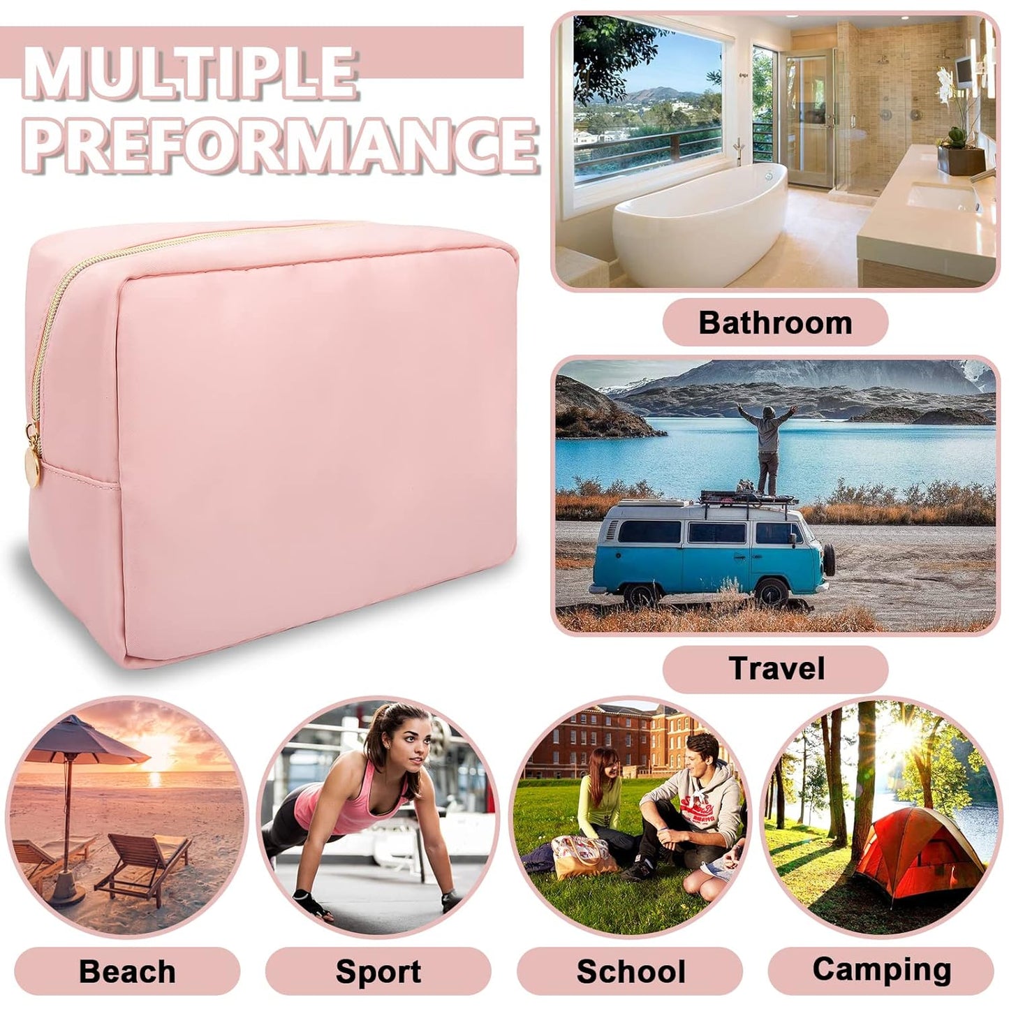 Large Makeup Bag Pouch,Nylon Women Travel Toiletry Storage Bag Preppy Cosmetic Bag for Girls,Big Makeup Organizer Bag Cute Zipper Pouch Skincare Bag for Sport Work Gift(Large-Flamingo)