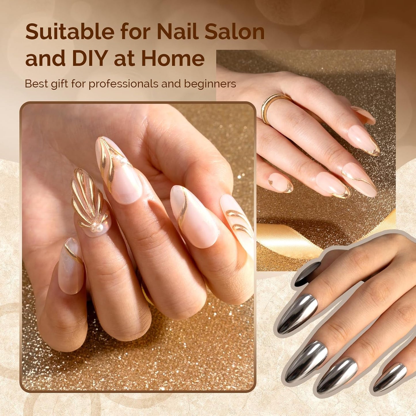 MelodySusie 2Pcs Chrome Nail Powder for Gel Nails,Metallic Mirror Effect Pigment Stylish and Technological Fine Glitter for Home DIY Salon Use