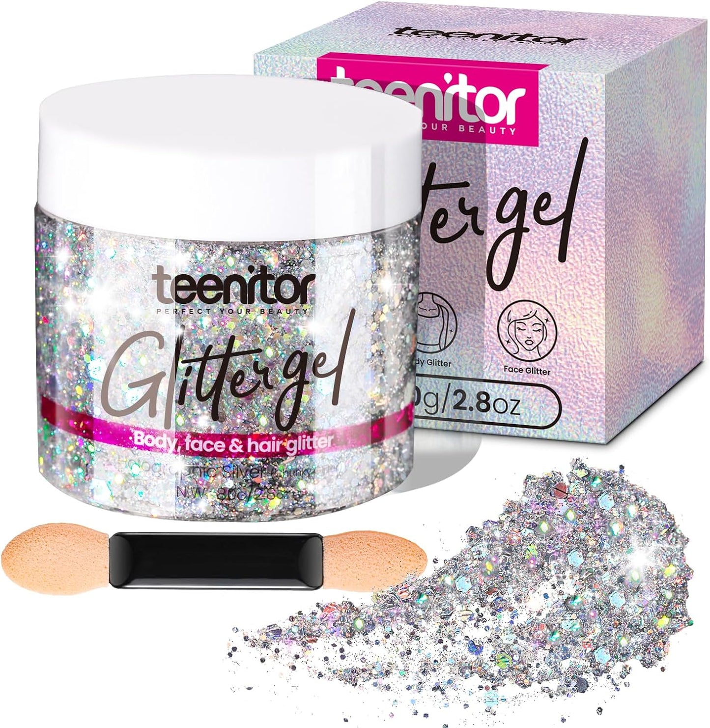Teenitor Body Glitter, Body Glitter Gel, Hair Glitter, Face Glitter, Holographic Chunky Makeup Silver Glitter Gel for Face, Makeup, Hair, Eye