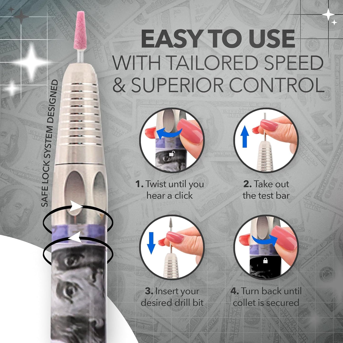 M Max - Nail Drill Professional - 2-in-1 Brushless Motor Nails Drill Machine - Electric, Cordless, Aluminium Alloy Casing, 35000 RPM, HD Display - Perfect for Salon & Home Use Special Edition - Money