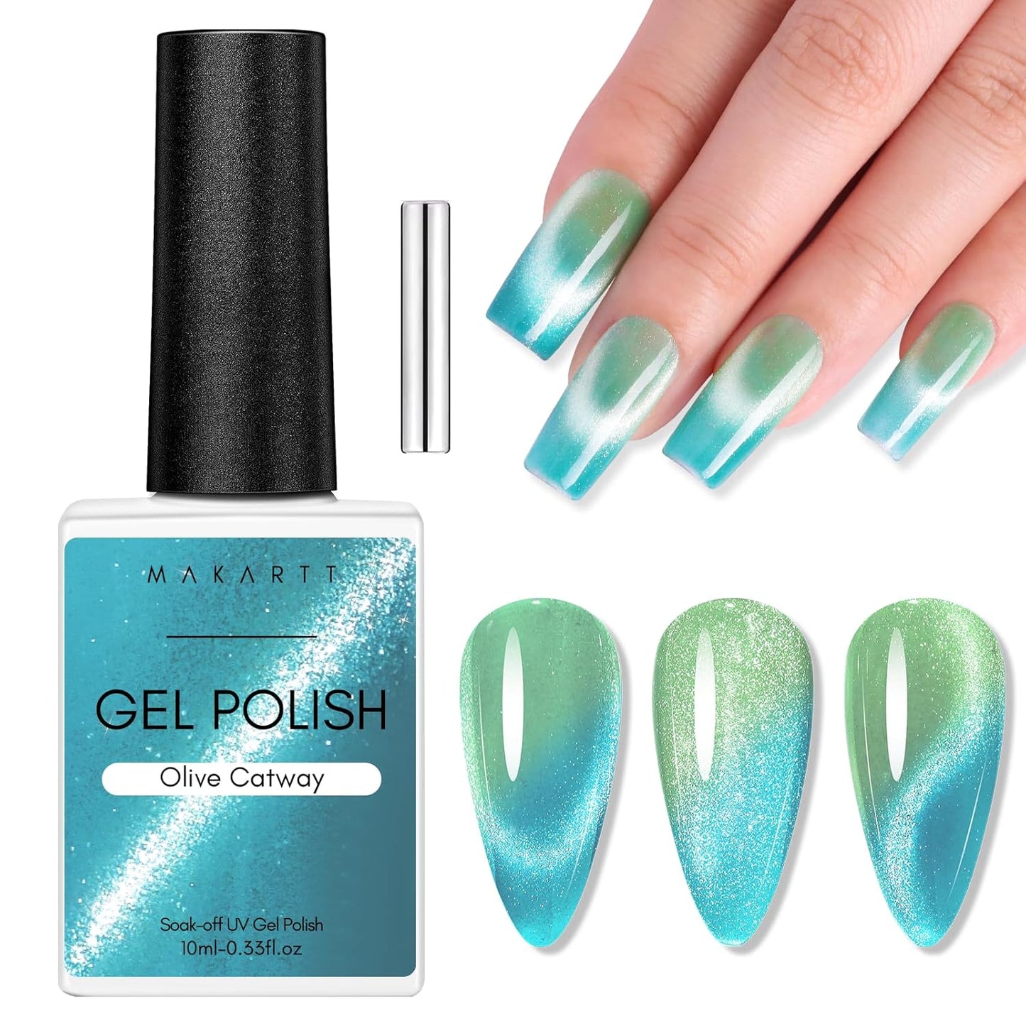 Makartt Cat Eye Gel Nail Polish: Reflective Glitter Gel with Magnet for Temperature Changing Magnetic Nails, Nail Polish UV/LED Light Cured, DIY Nail Art, Salon & Home Use(Olive Catway) 10ml