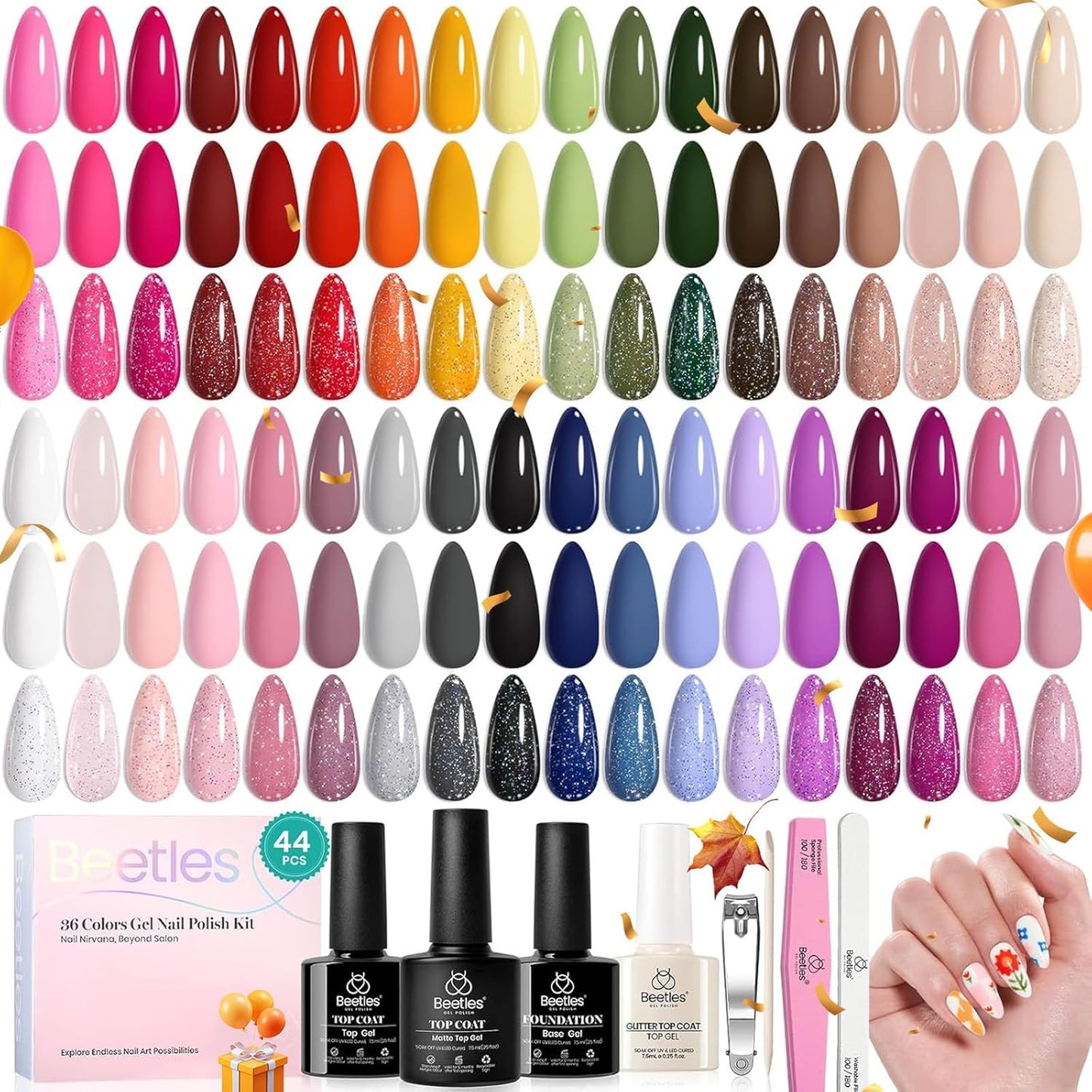 beetles Gel Polish 44pcs Fall Gel Nail Polish Set 36 Colors Brown Burgundy Red Blue Purple Orange Green Black Nude White with Base Coat Glossy Matte Glitter Top Coat Gifts for Women Colorful Muse