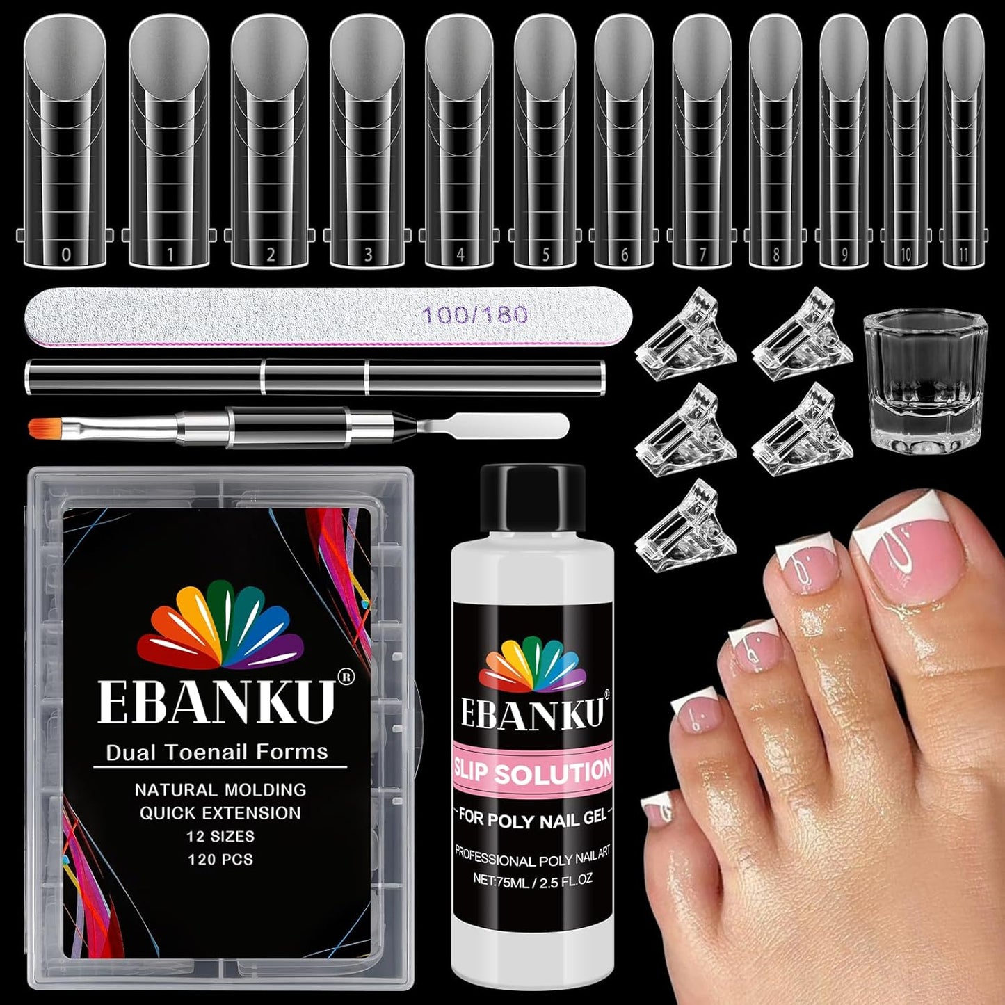 EBANKU Poly Gel Toenail Kit, Reusable Toe Dual Nail Forms with 2.5oz Slip Solution Poly Gel Nail Kit for Toe Nail Tips for Women with Double-end Brush, File, Clips, Liquid Container, 120PCS, 12 Sizes