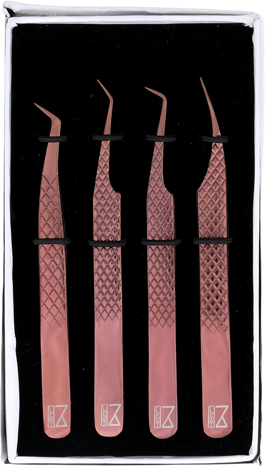M LASH Eyelash Extension Tweezers (Set of 4) - Professional & Precision Lash Tweezers for Eyelash Extensions - Japanese Steel, Diamond Grip, Fiber Tip V3 (Rose Gold)