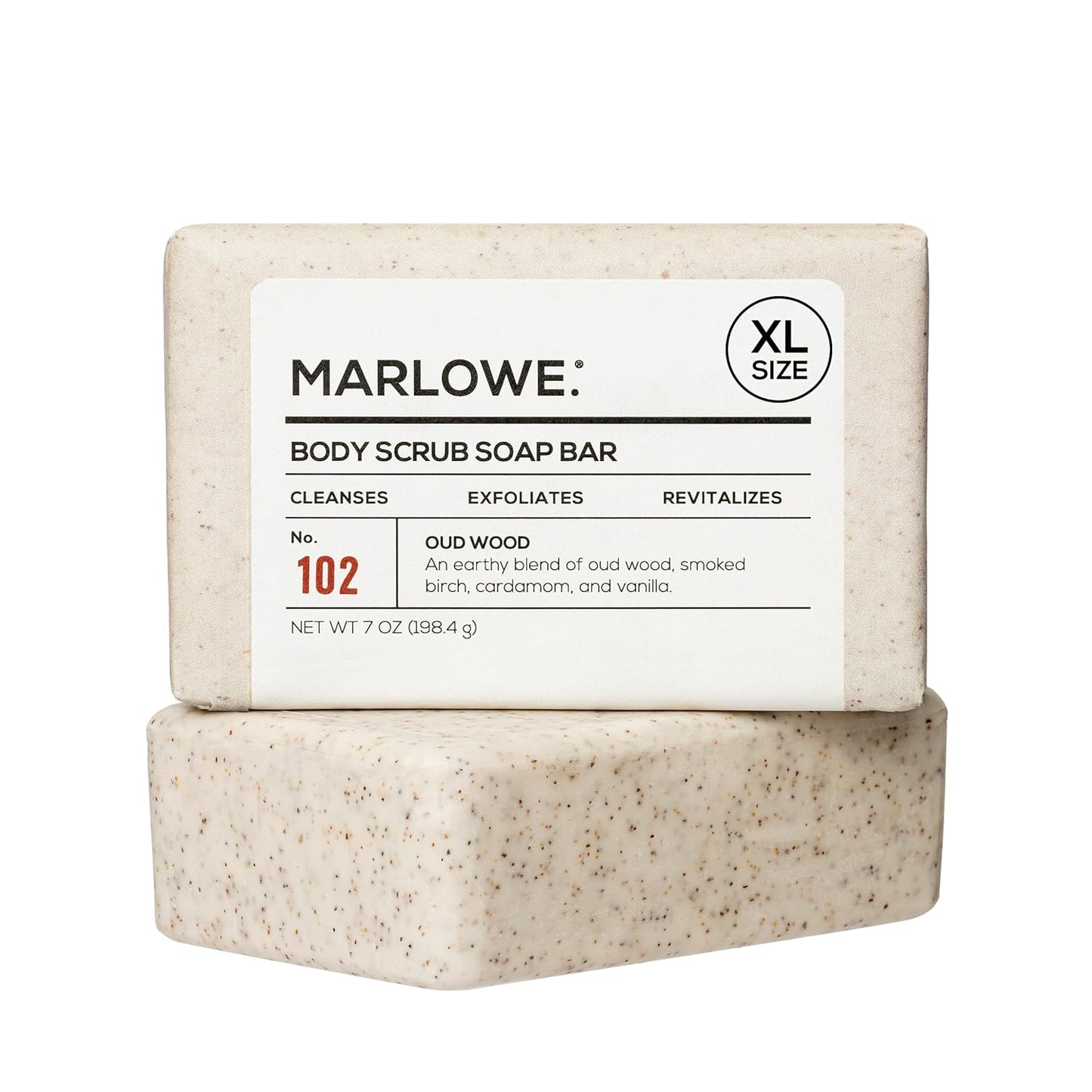 MARLOWE. No. 102 Body Scrub Soap 7 oz, Oud Wood, Exfoliating Soap Bar with Shea Butter, Olive Oil & Green Tea Extracts, Cleanses, Smooths & Revitalizes Skin, Earthy & Smoky Scent