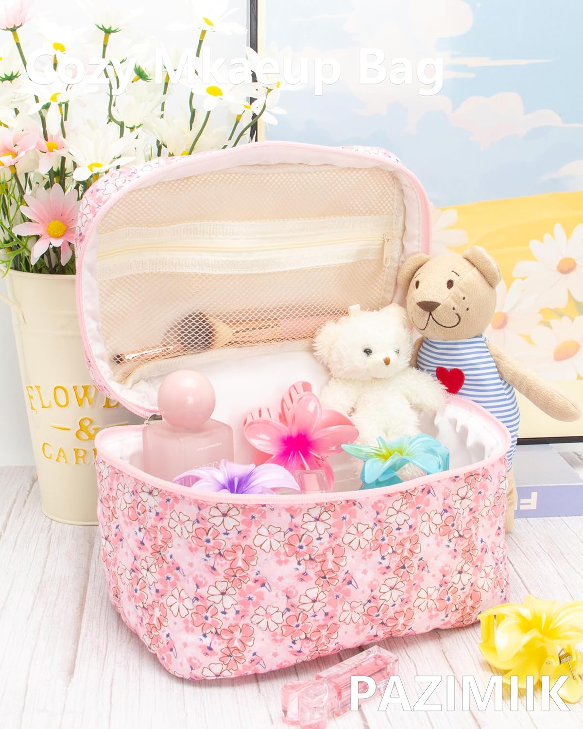 PAZIMIIK 3PCS Makeup Bag SET Large Travel Quilted Zipper Soft Cosmetic Case Pouch for Women Girls Make Up,Pink Flower