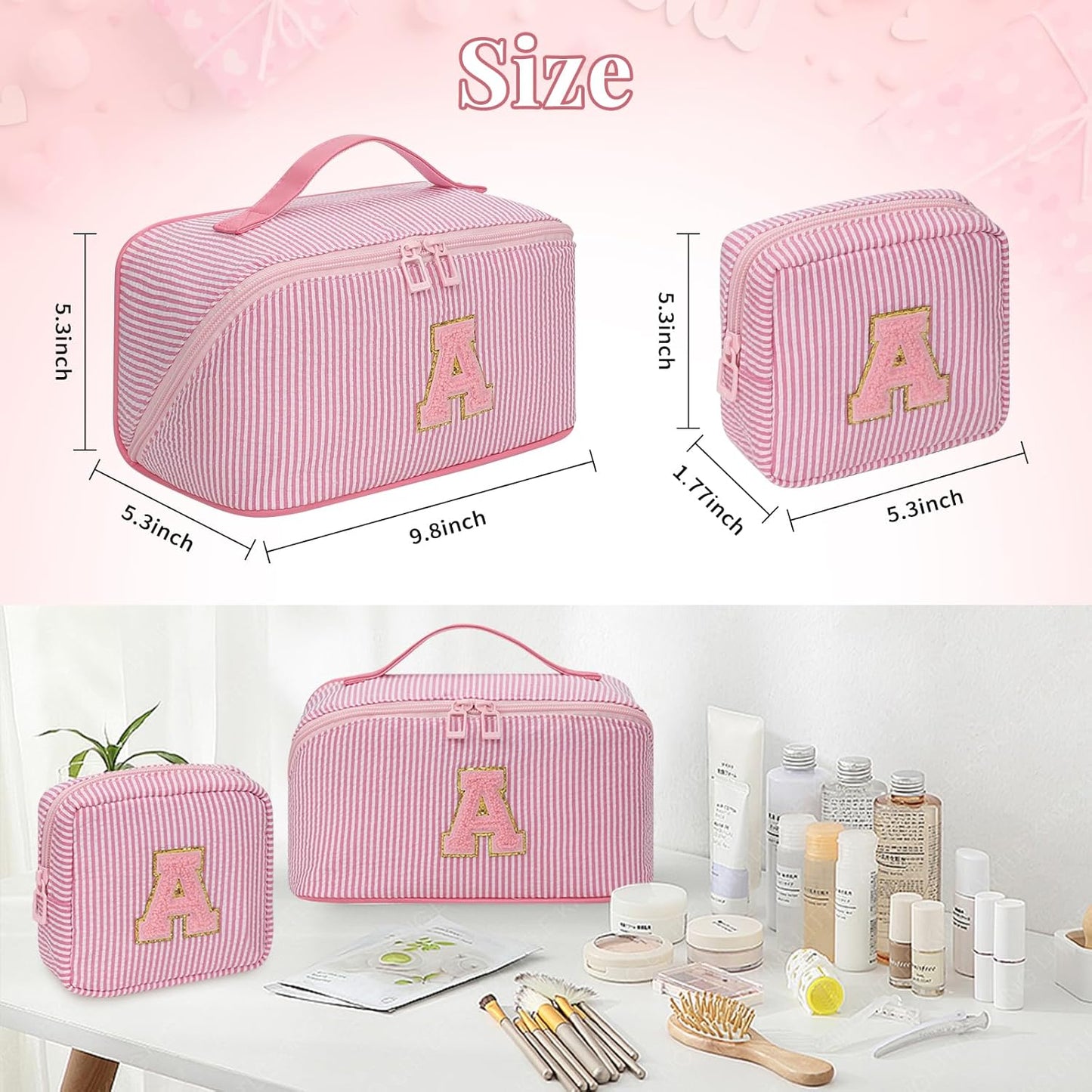 Travel Makeup Bag for Women, 2Pcs Portable Personalized Initial Makeup Organizer Bag, Open Flat Large Cosmetic Bag With Travel Essential Pouch (Pink Letter J)