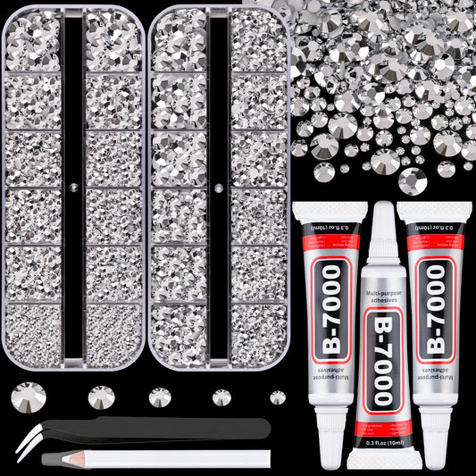 Resin Rhinestones for Crafting with B7000 Jewelry Glue, 2 Boxes Sliver Flatback Crystals with 3Pcs 10ml Glue for Bedazzling Crafts DIY Nail Art Makeup，Non Hotfix Gems for Clothing Shoes