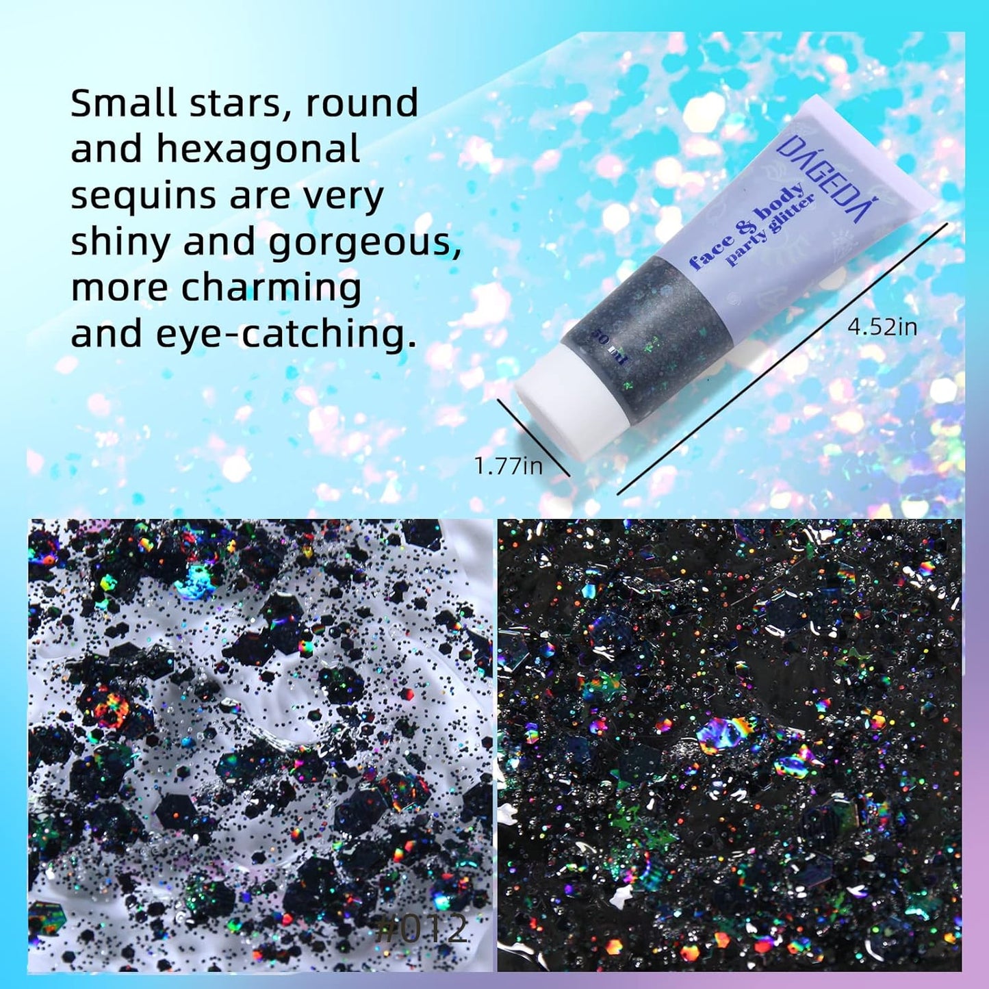 DAGEDA Body Glitter Gel, Face Glitters Body Gel Sequins Shimmer Liquid Eyeshadow, Chunky Glitter for Face Hair Nails, Holographic Cosmetic Laser Powder Festival Glitter Makeup 1.7oz (Black)